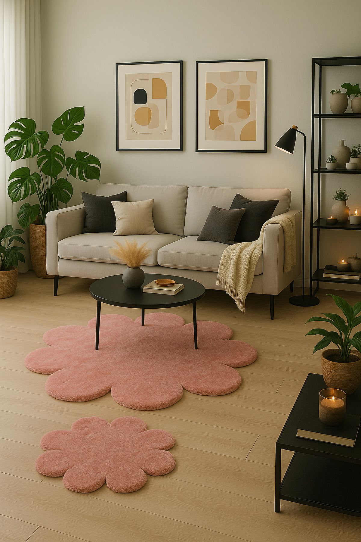 Paco Home Çiçek Desenli Yumuşak Salon Halısı Modern Minimalist Dekoratif Halı 2'li Set (100x100-80x80)