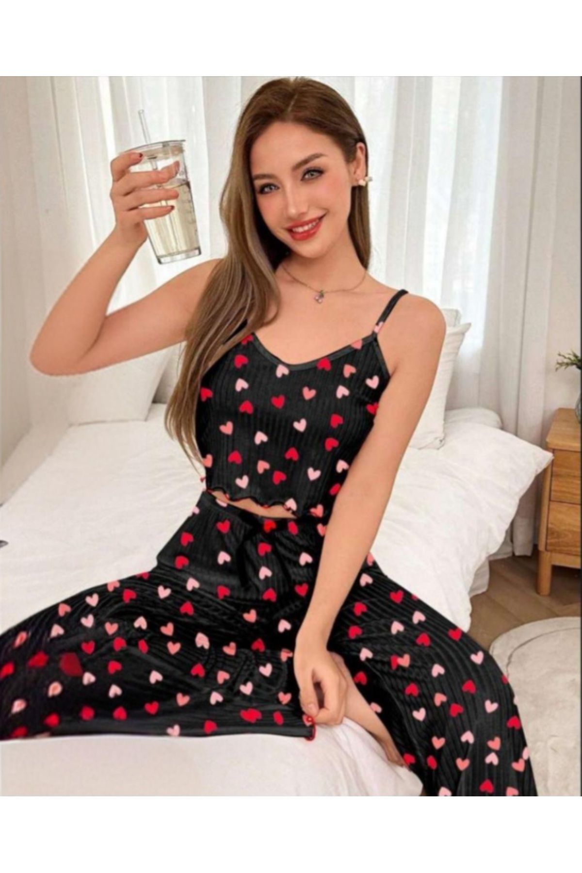 RAHAF TİCARET Kadın Kalp Desenli Pijama Takımı