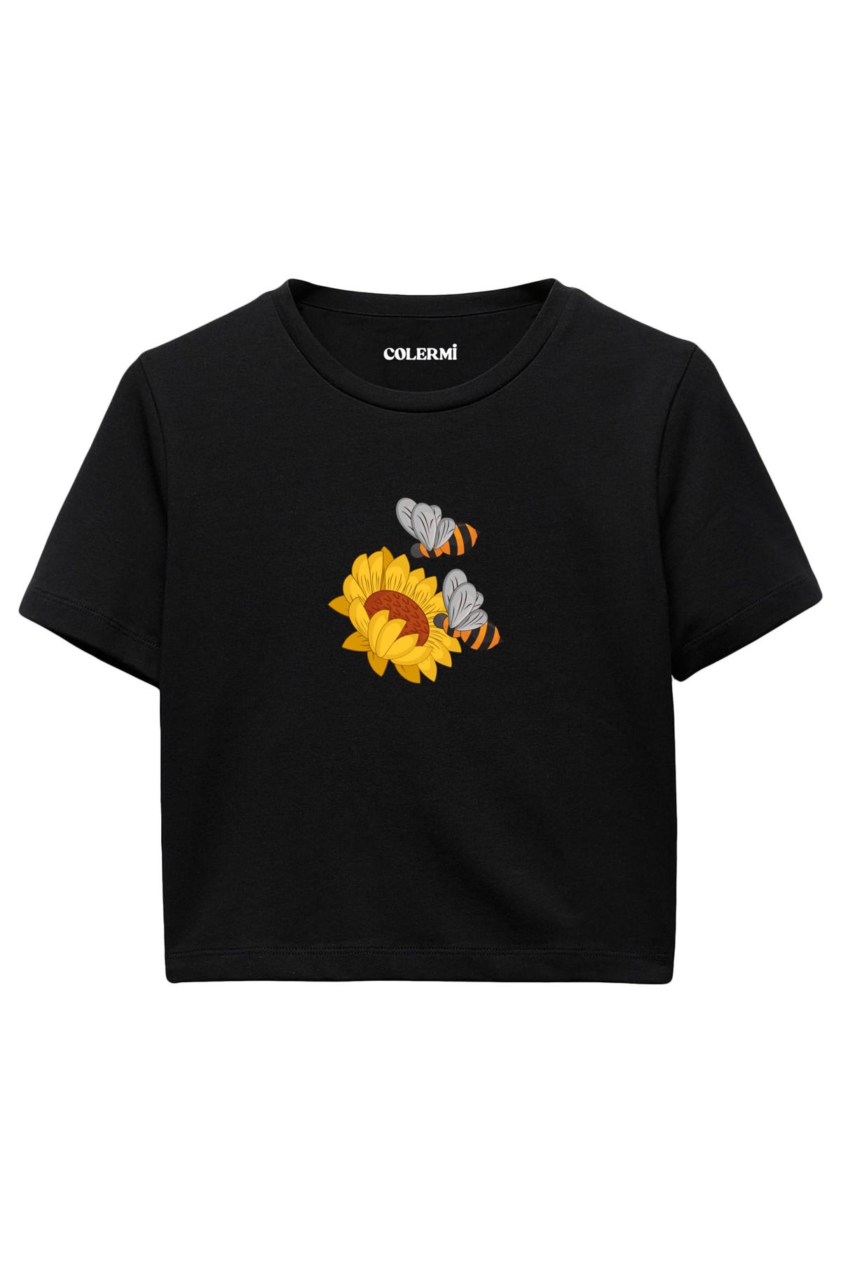 Colermi Ayçiçeği ve İki Arı İllüstrasyonlu %100 Pamuk Kadın Crop Tshirt