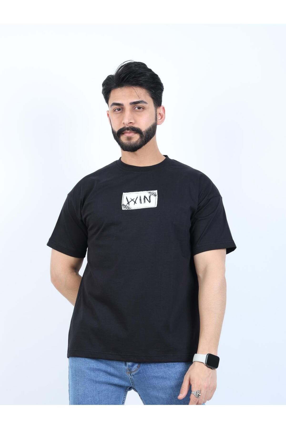 twentyfive25 Erkek Bisiklet Yaka Baskılı Oversize Tişört