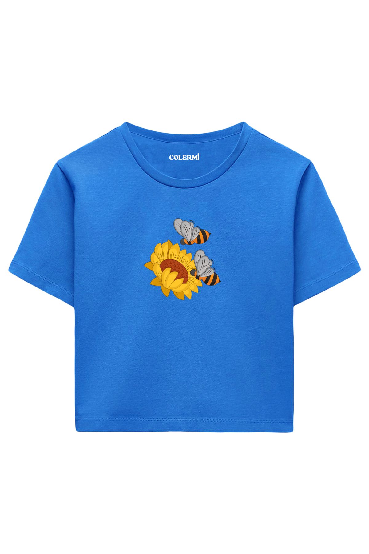 Colermi Ayçiçeği ve İki Arı İllüstrasyonlu %100 Pamuk Kadın Crop Tshirt
