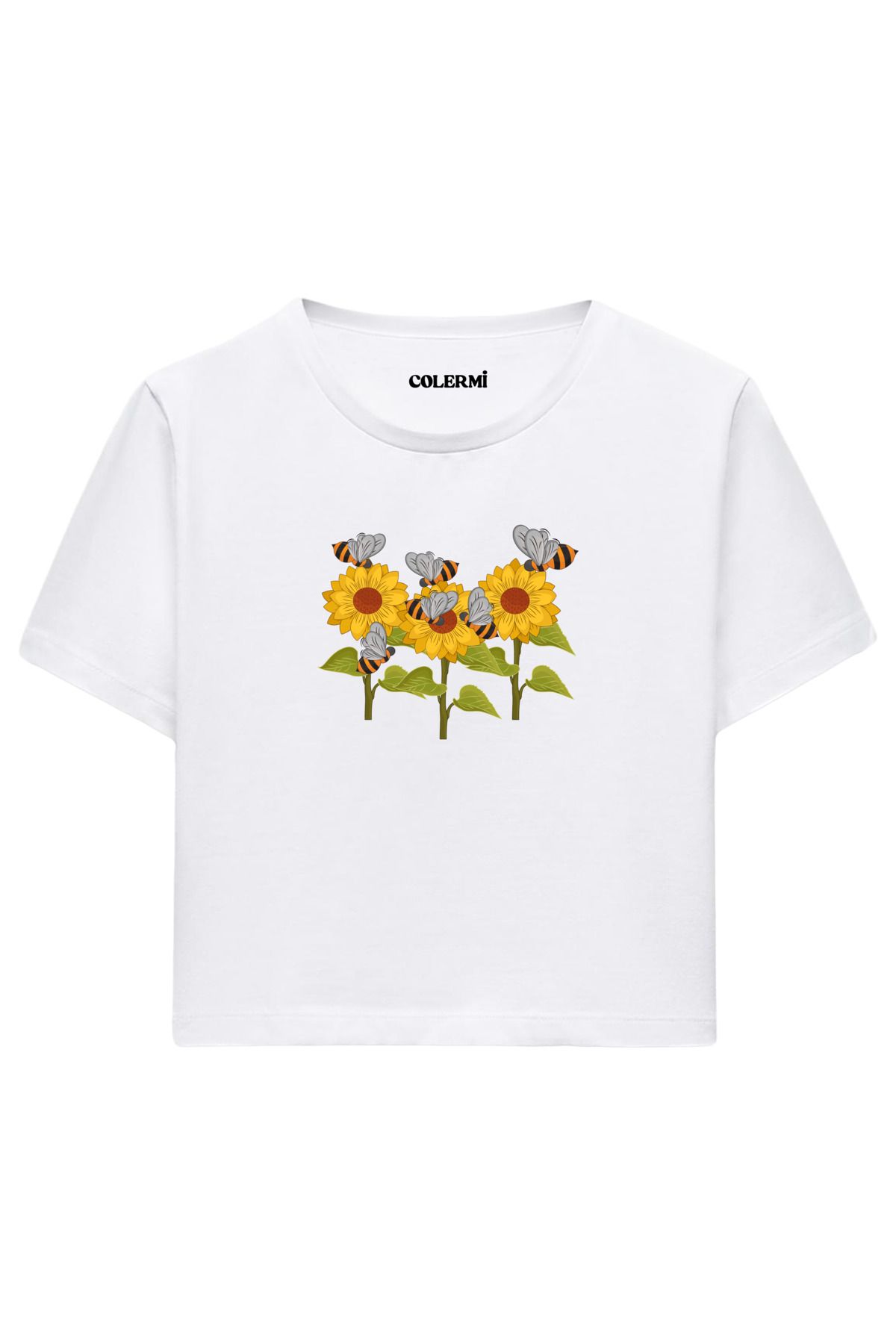 Colermi Ayçiçeği ve Arı İllüstrasyonlu Kadın Crop Tshirt