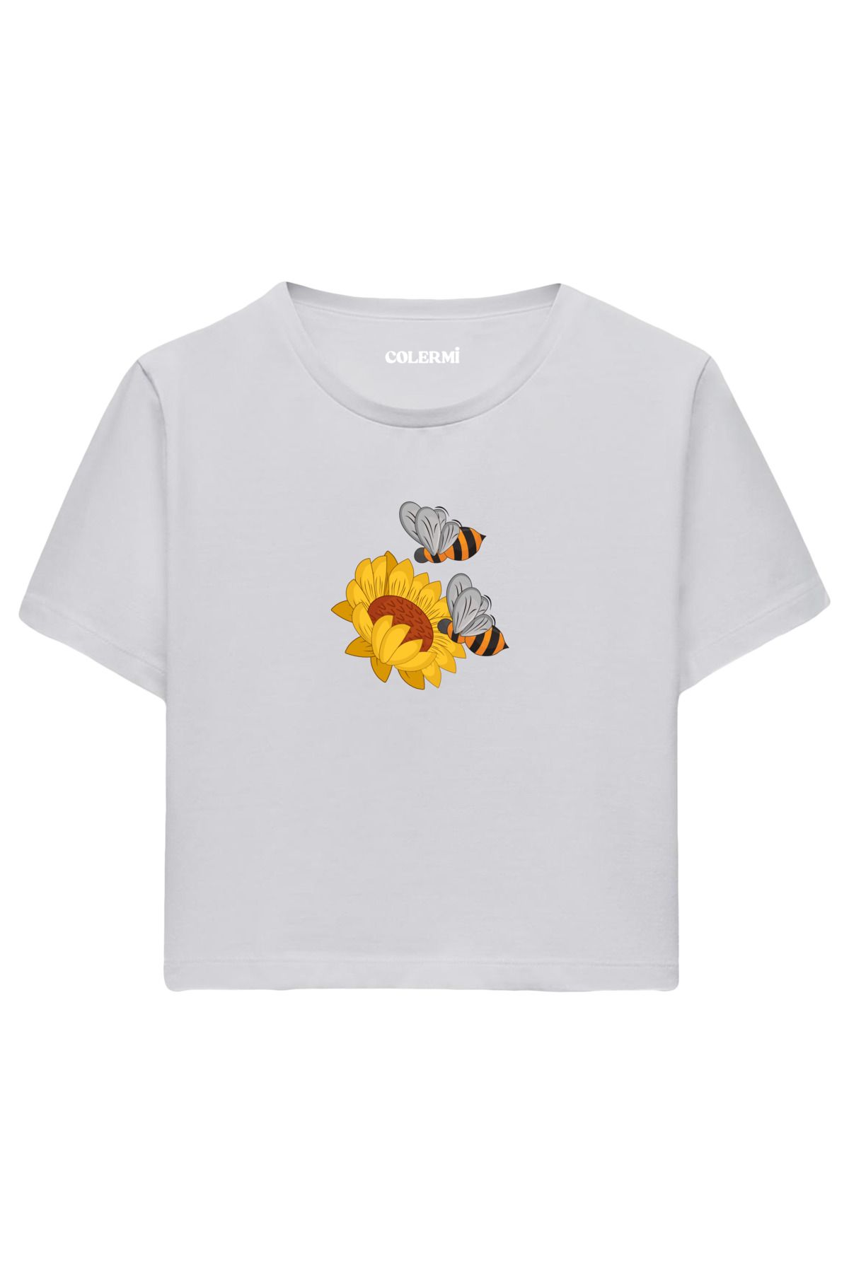 Colermi Ayçiçeği ve İki Arı İllüstrasyonlu %100 Pamuk Kadın Crop Tshirt