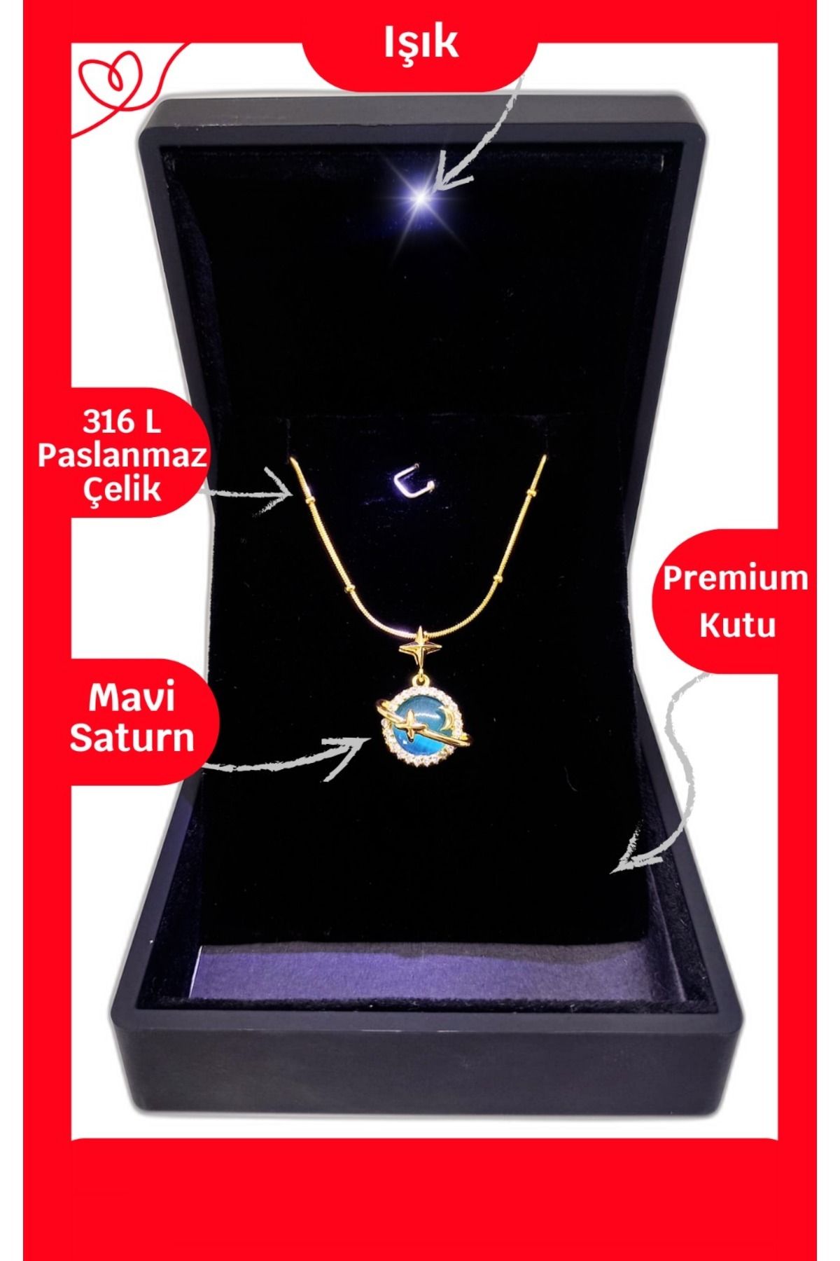 ganispe Işıklı Premium Kutuda Satürn Star Kolye Mavi Gold Renk | Anneler Günü Hediyesi