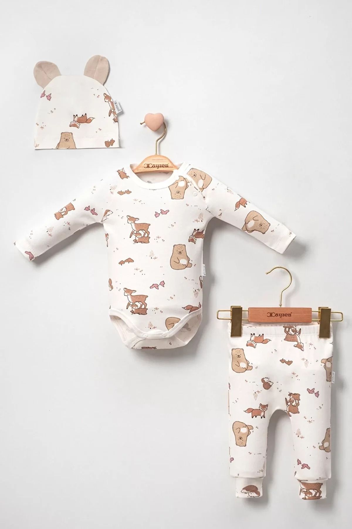 Shop58 Karaca Desenli % 100 Pamuk 3'lü Şapkalı Erkek Bebek Takım
