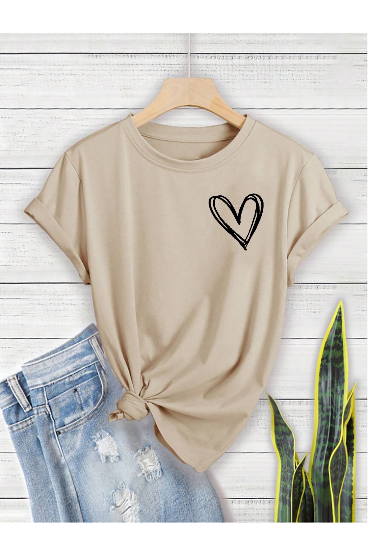 qavnas Unisex Kalp Baskılı Rahat Kesim Bej T-Shirt
