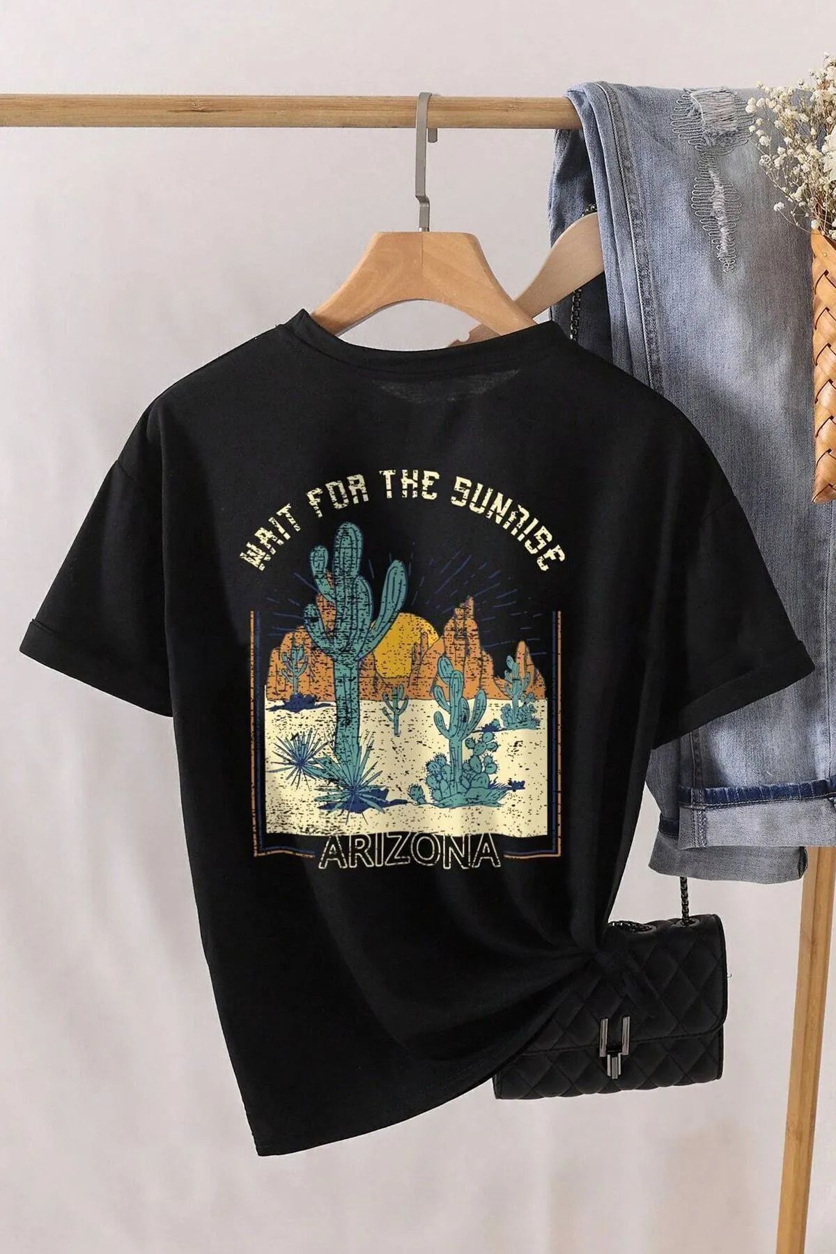 qavnas Unisex Arizona Baskılı Rahat Kesim Siyah T-Shirt