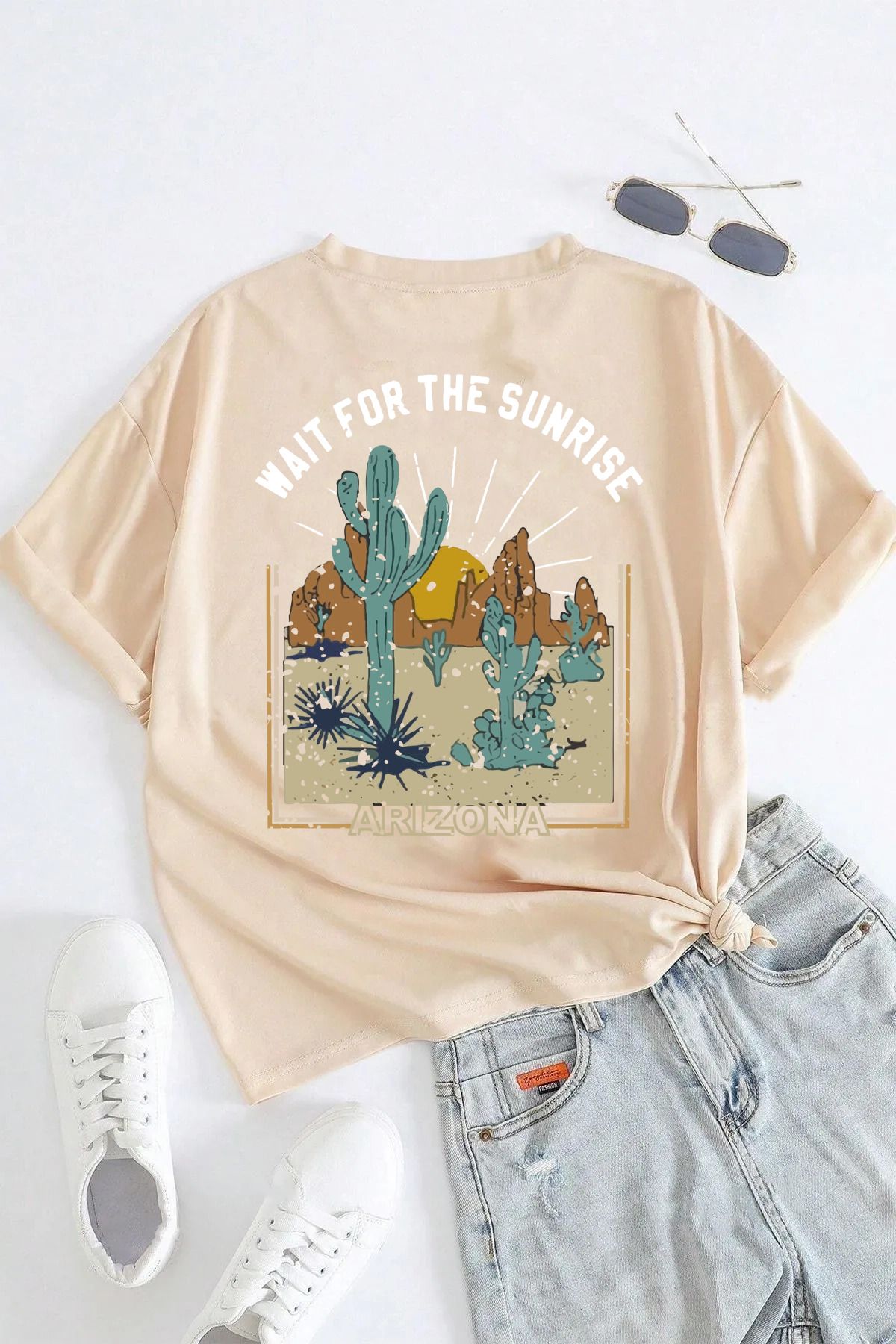 qavnas Unisex Arizona Baskılı Rahat Kesim Bej T-Shirt