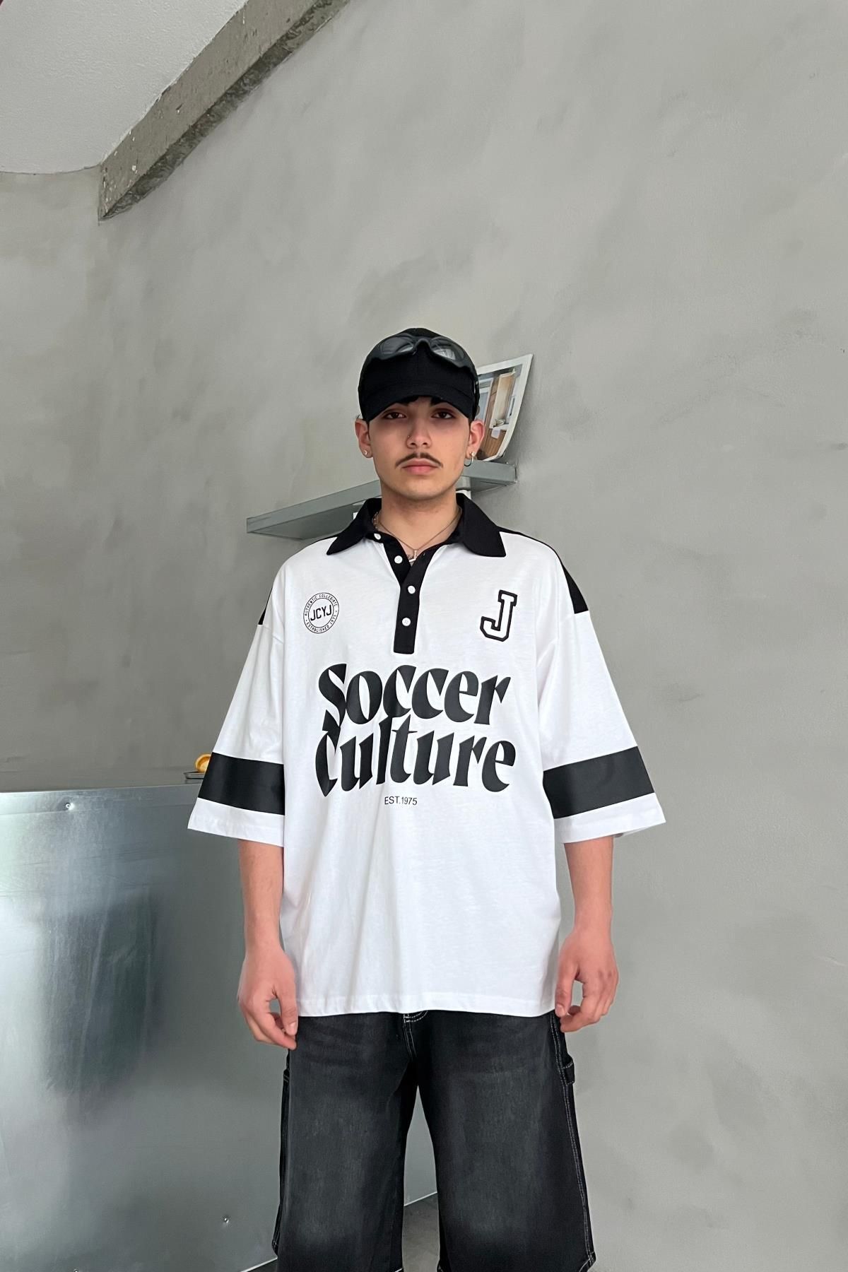 Jr.Crime Soccer Baskılı Beyaz Polo Yaka Oversize Tshirt