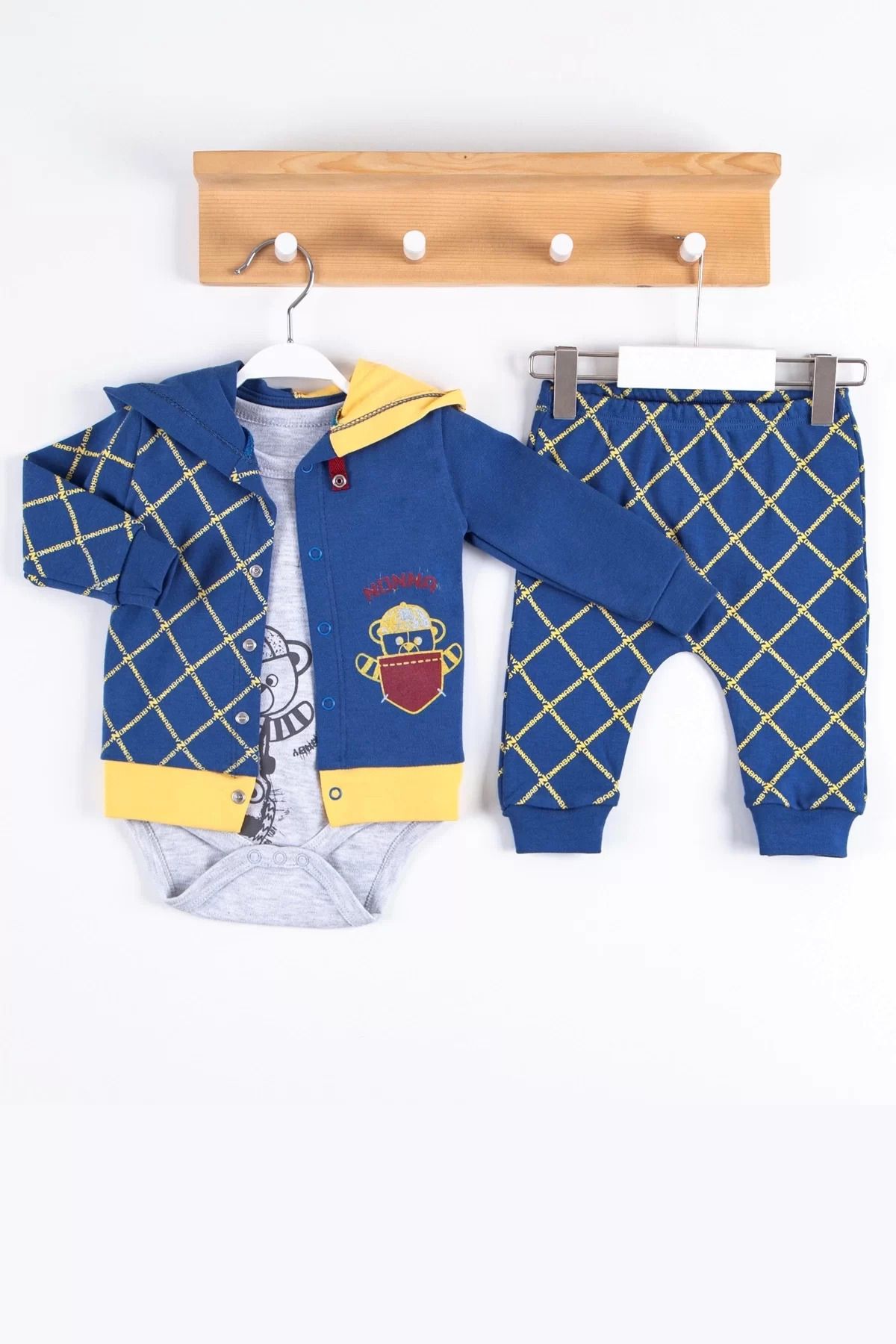 Shop58 Cep Desenli Kapişonlu % 100 Pamuk Hırkalı 3'lü Erkek Takım