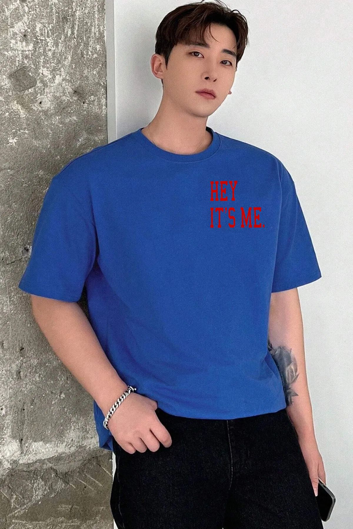 qavnas Unisex Hey IT s me Baskılı Rahat Kesim Sax-Mavi T-Shirt