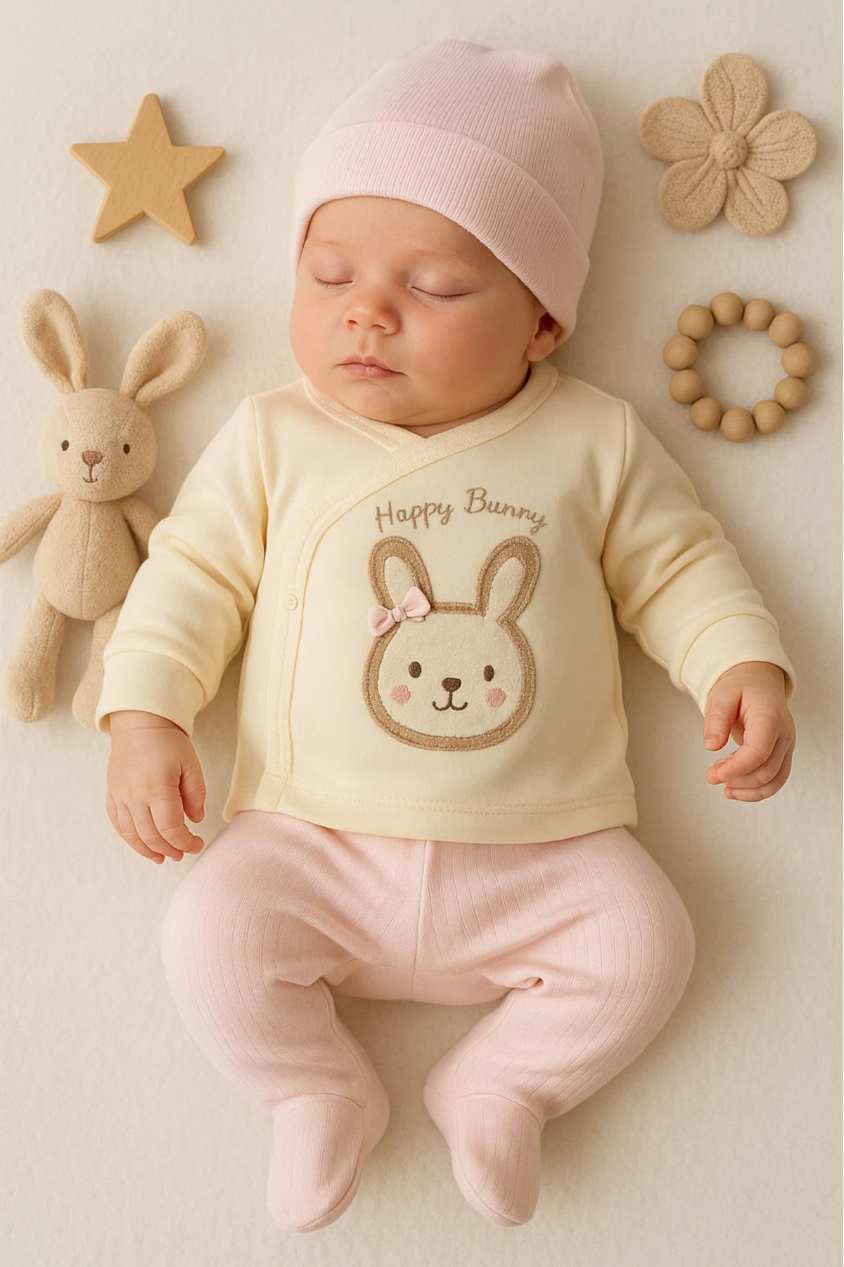 HAVUÇ BEBEK Süzene Tavşan Nakışlı Şapkalı 3’lü Bebek Zıbın Set