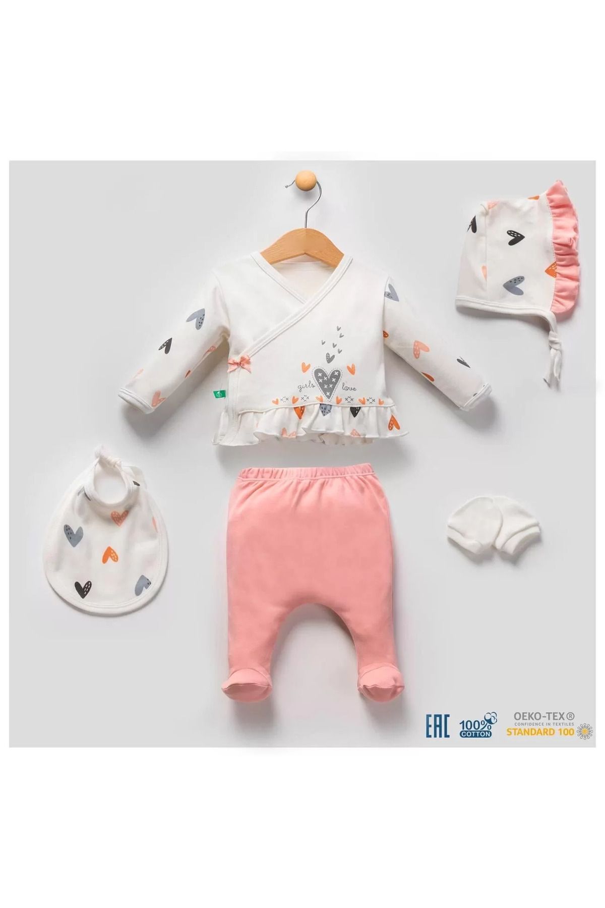 Shop58 Kalp Desenli 5li Hastane Çıkışı Seti %100 Pamuk
