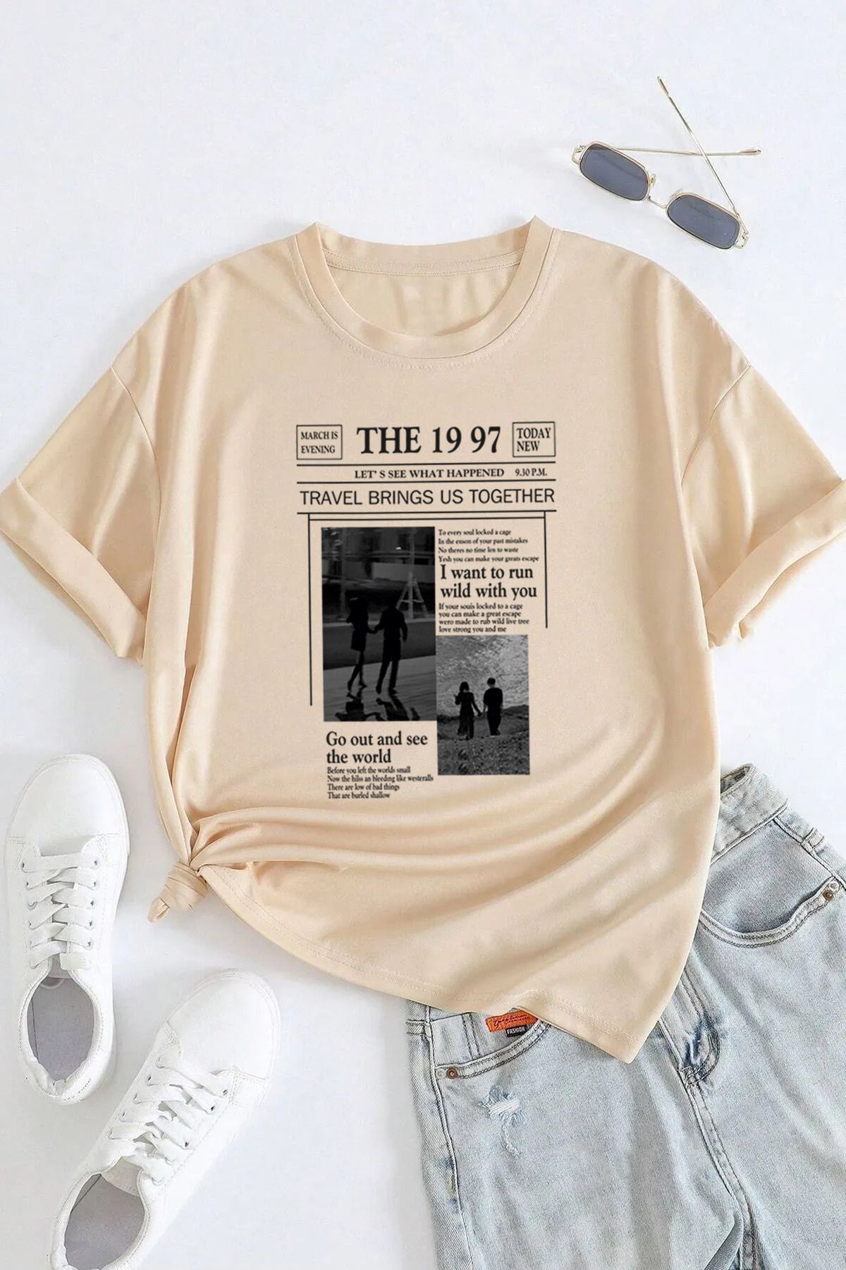 qavnas Unisex The Travel 1997 Baskılı Rahat Kesim Bej T-Shirt