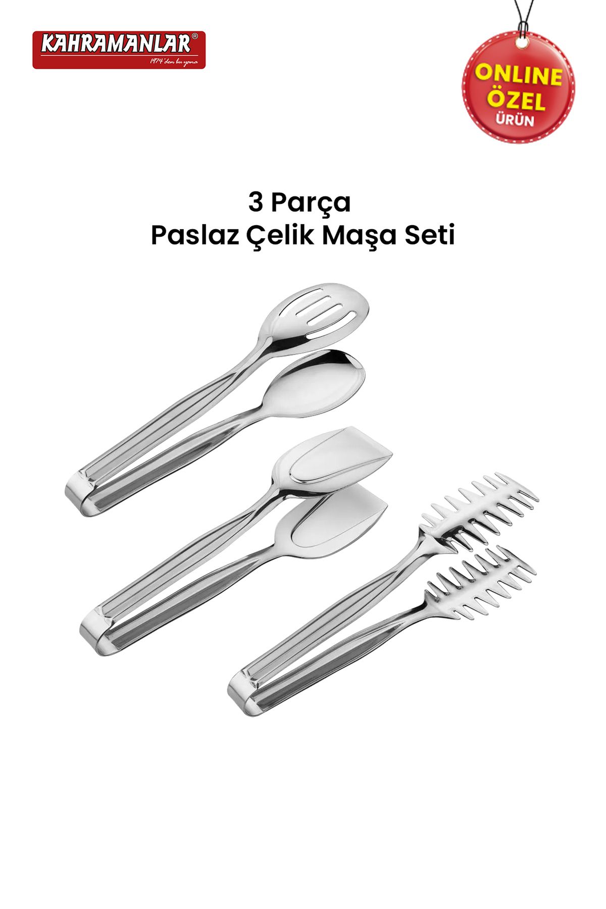 Kahramanlar-Demre 3-Piece Platinum Steel Grilled Salad Crepe Tongs Set 3