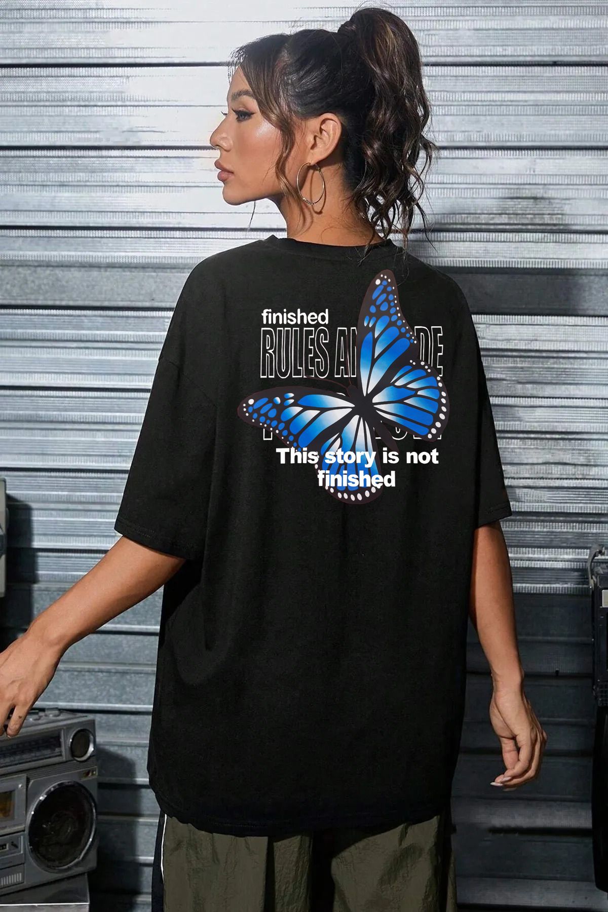 memowear Unisex Mavi Kelebek Baskılı Rahat Kesim Siyah T-Shirt