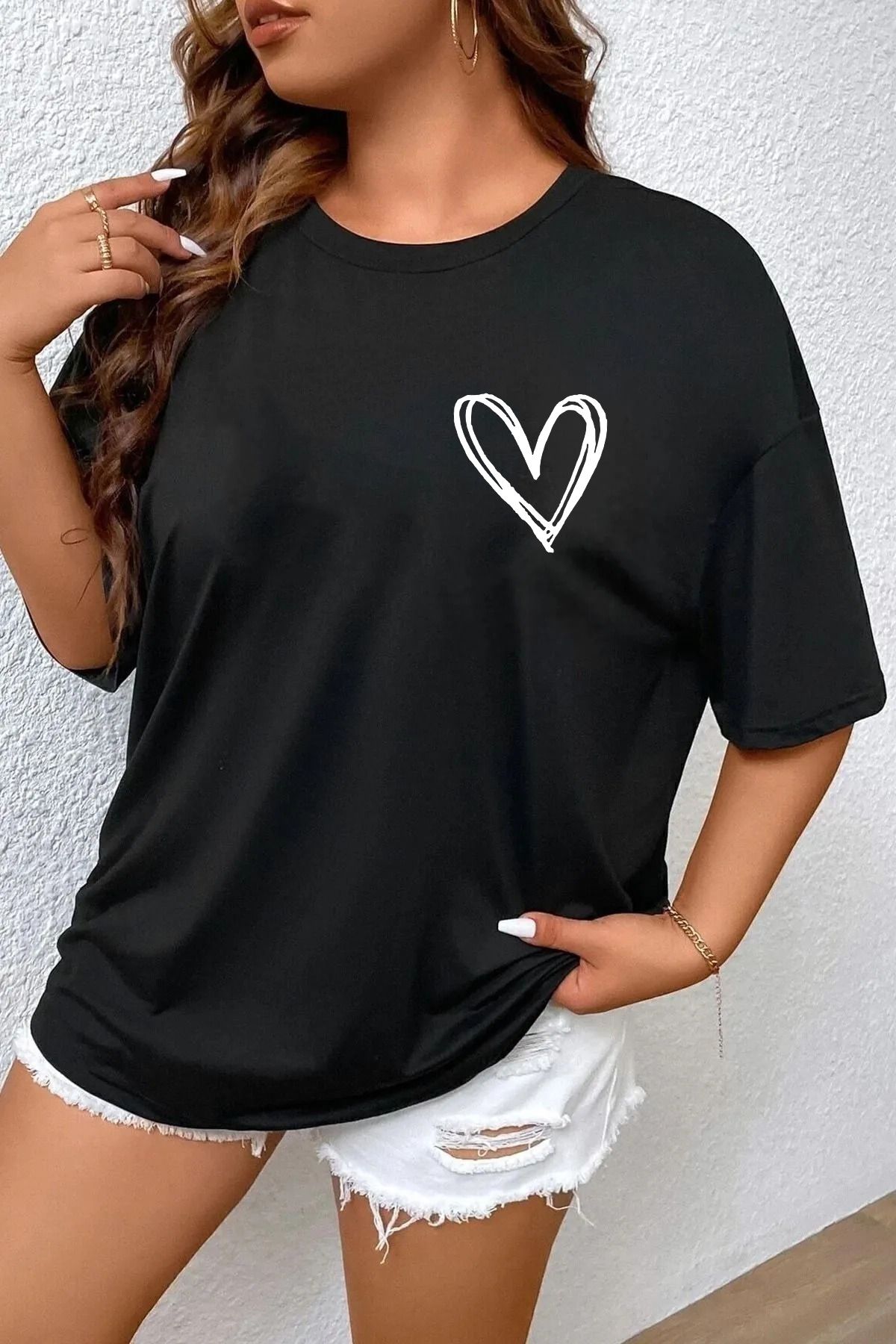 qavnas Unisex Kalp Baskılı Rahat Kesim Siyah T-Shirt