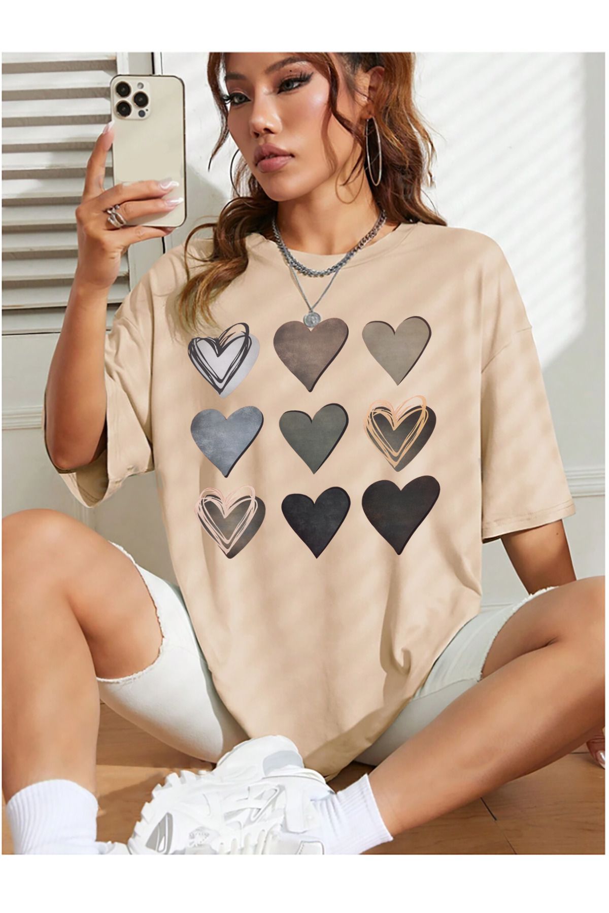 memowear Unisex Kalpler Baskılı Rahat Kesim Bej T-Shirt