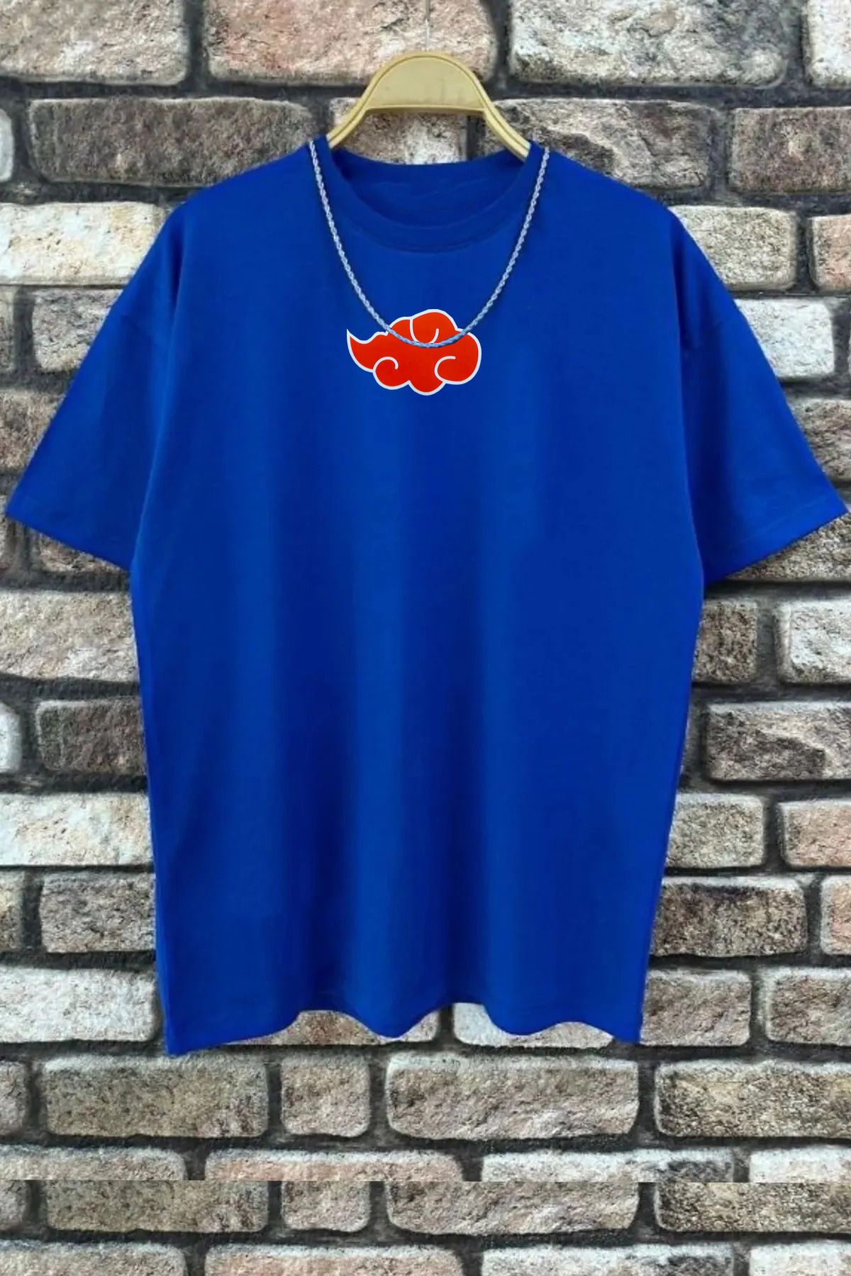 qavnas Unisex Ninja Akatsuki Anime Baskılı Rahat Kesim Sax-Mavi T-Shirt
