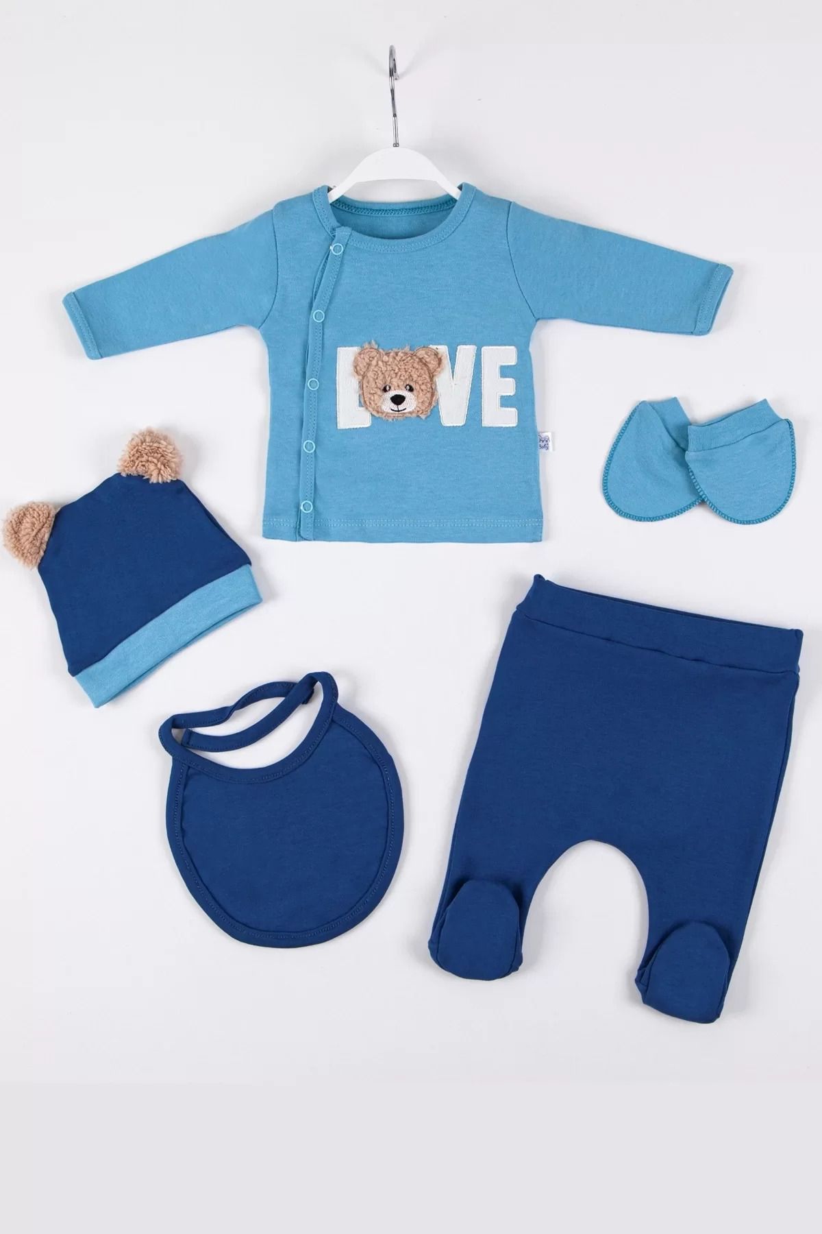 Shop58 Love Bear Nakışlı 5'li % 100 Pamuk Erkek Bebek Hastane Çıkış Seti