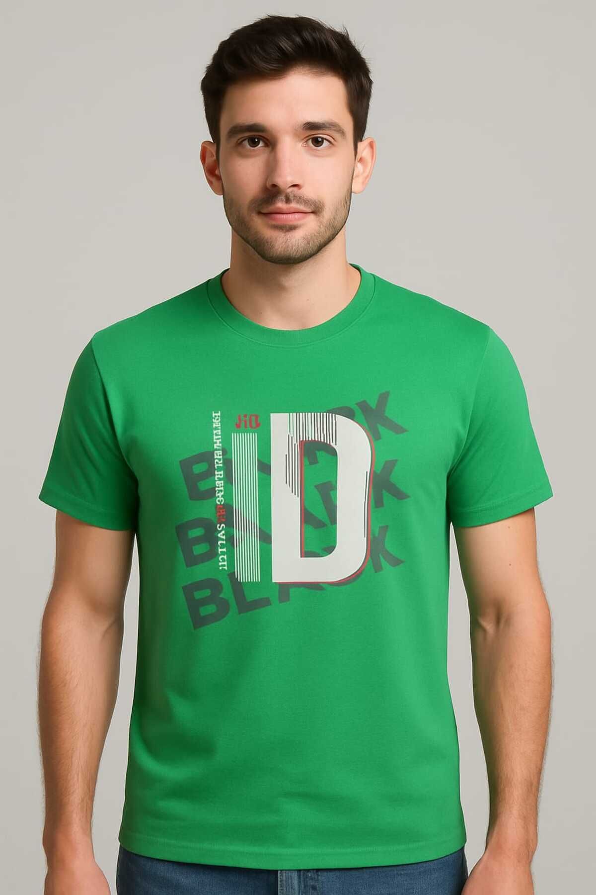 Aghilo Erkek Yeşil Baskılı Bisiklet Yaka Kısa Kollu T-Shirt