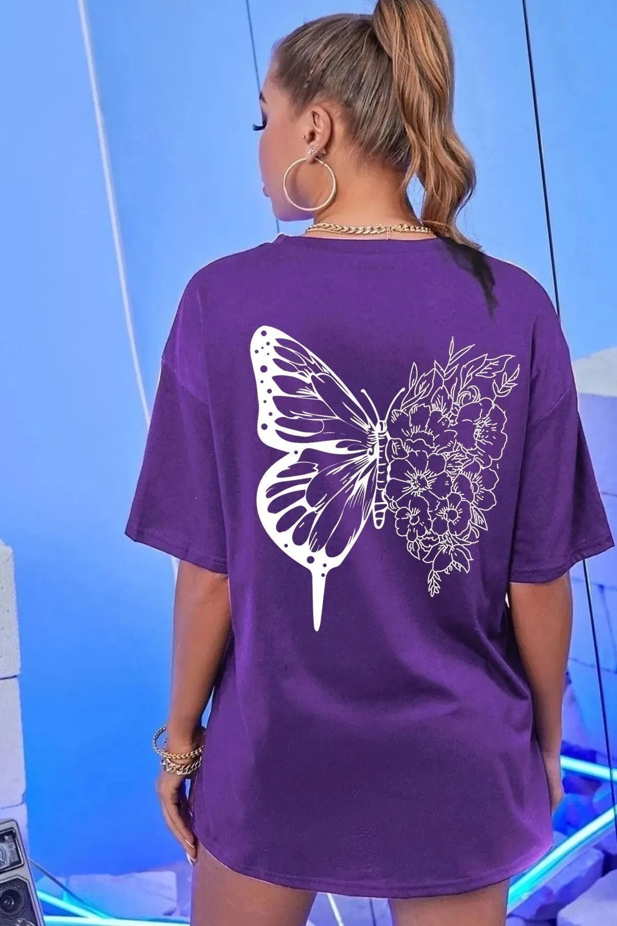 qavnas Unisex Kelebek Baskılı Rahat Kesim Mor T-Shirt