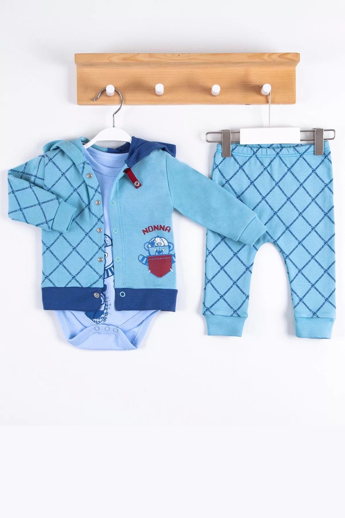 Shop58 Cep Desenli Kapişonlu % 100 Pamuk Hırkalı 3'lü Erkek Takım