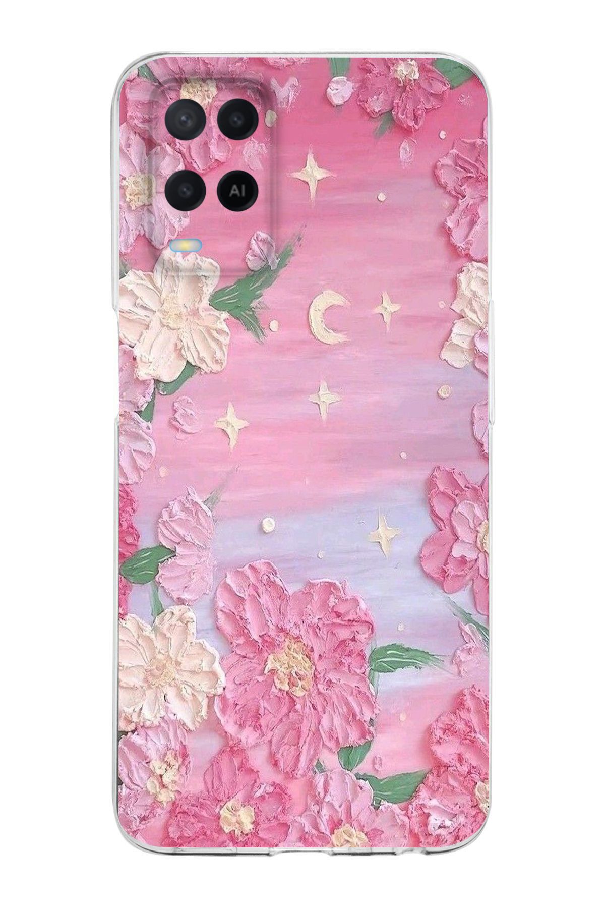 moonset Oppo A54 Uyumlu Pastel Çiçekler Tasarımlı Baskılı Şeffaf Telefon Kılıfı
