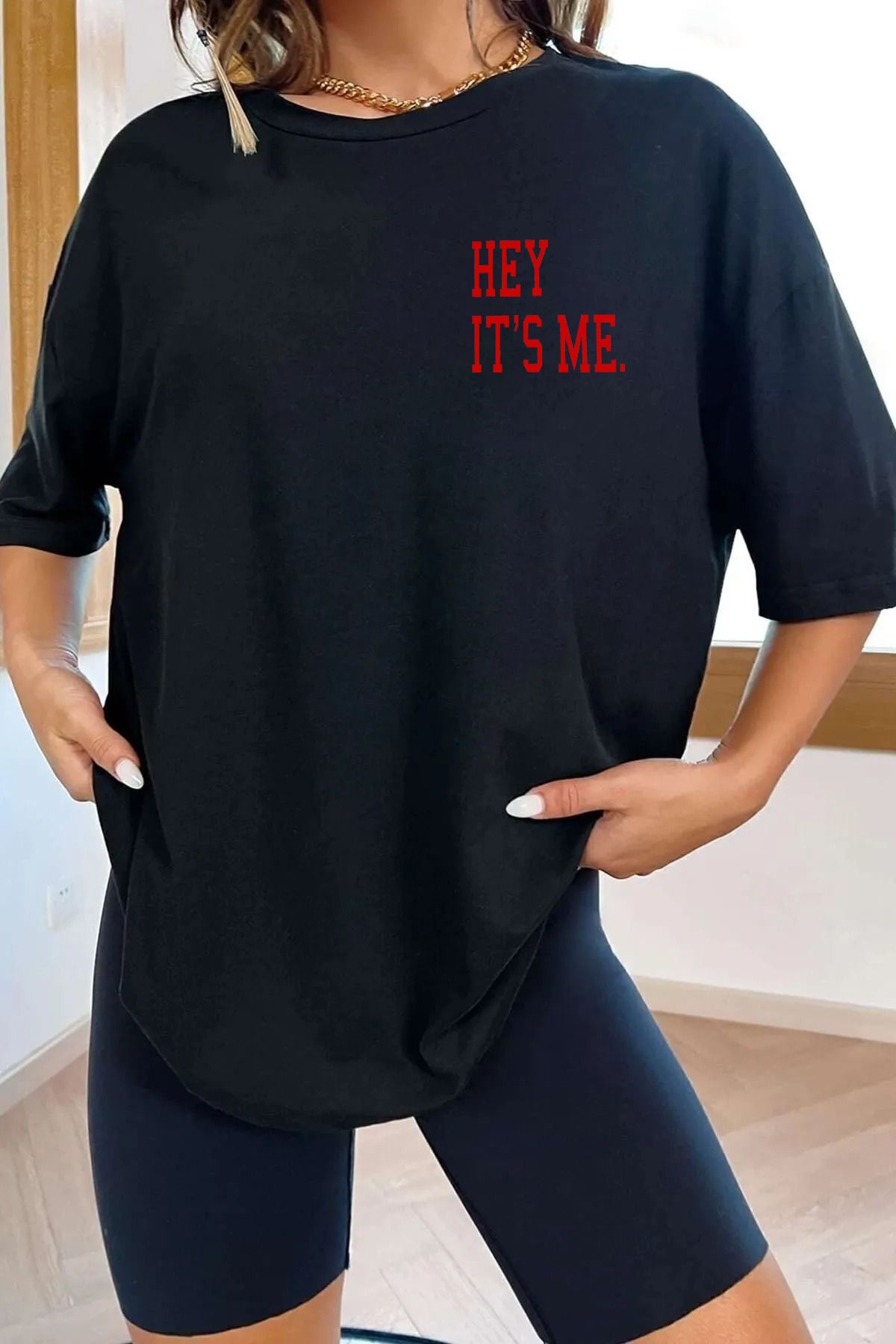 qavnas Unisex Hey IT s me Baskılı Rahat Kesim Siyah T-Shirt