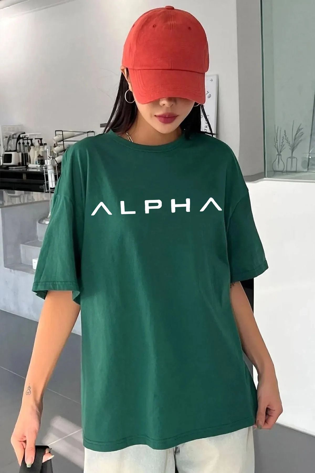qavnas Unisex Alpha Baskılı Rahat Kesim Yeşil T-Shirt