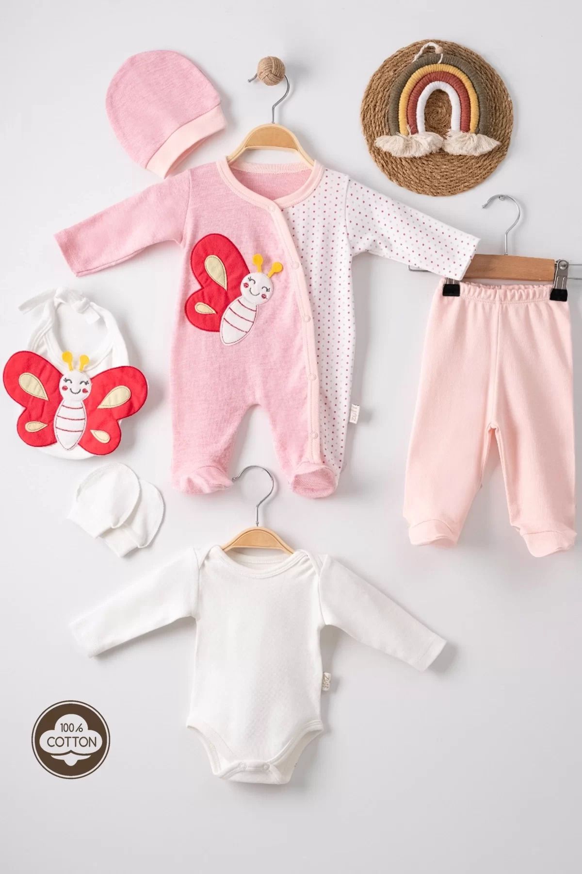 Shop58 Kelebek Nakışlı Puanlı Tulumlu % 100 Pamuk Kız Bebek 5'li Set