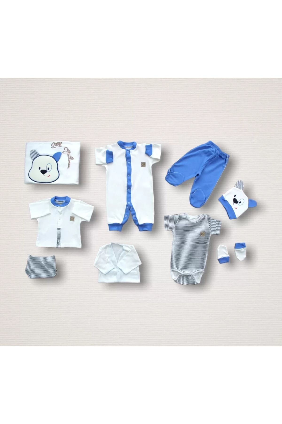 Shop58 Minik Centilmen Ayı Nakışlı %100 Cotton Antibakteriyel 10lu Zıbın Takımı Hastane Çıkışı
