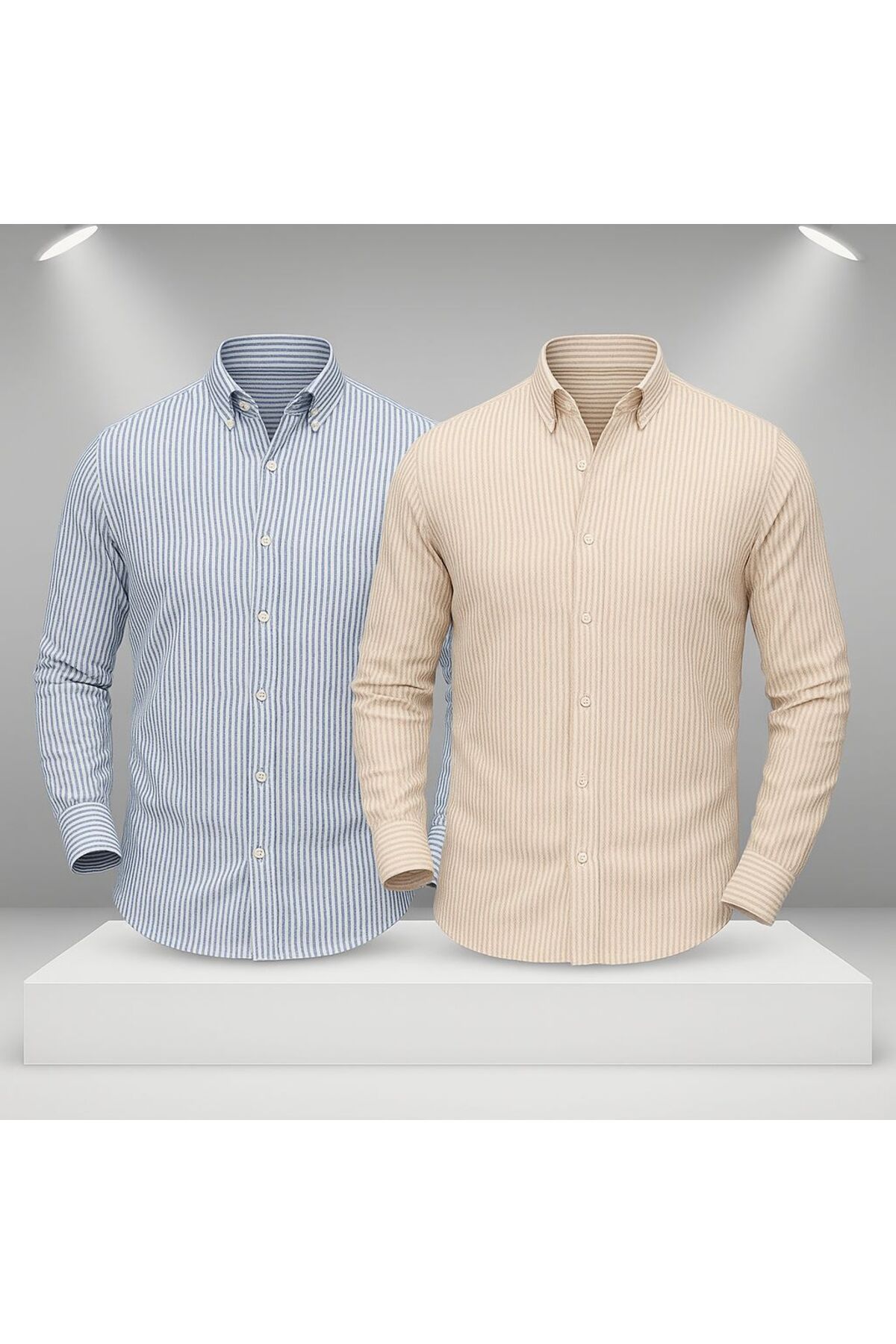 LC Waikiki 2'li Avantaj Keten Çizgili Slim Fit Şık Premium Kalite Düğmeli Pamuklu Erkek Gömlek