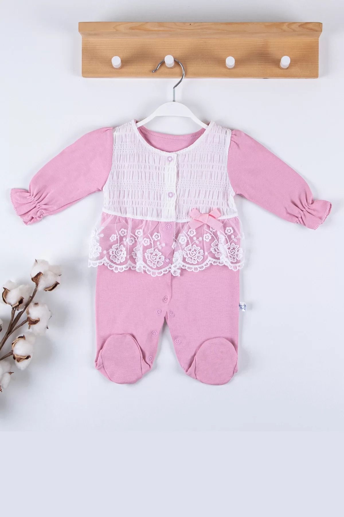 Shop58 Gofralı Fransız Güpürlü % 100 Pamuk Kız Bebek Tulumu