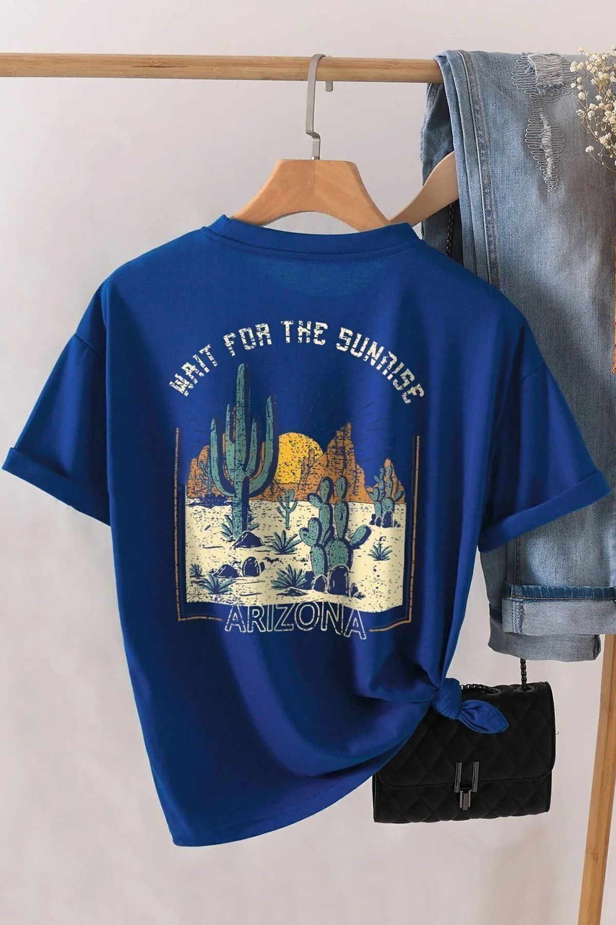qavnas Unisex Arizona Baskılı Rahat Kesim Sax-Mavi T-Shirt
