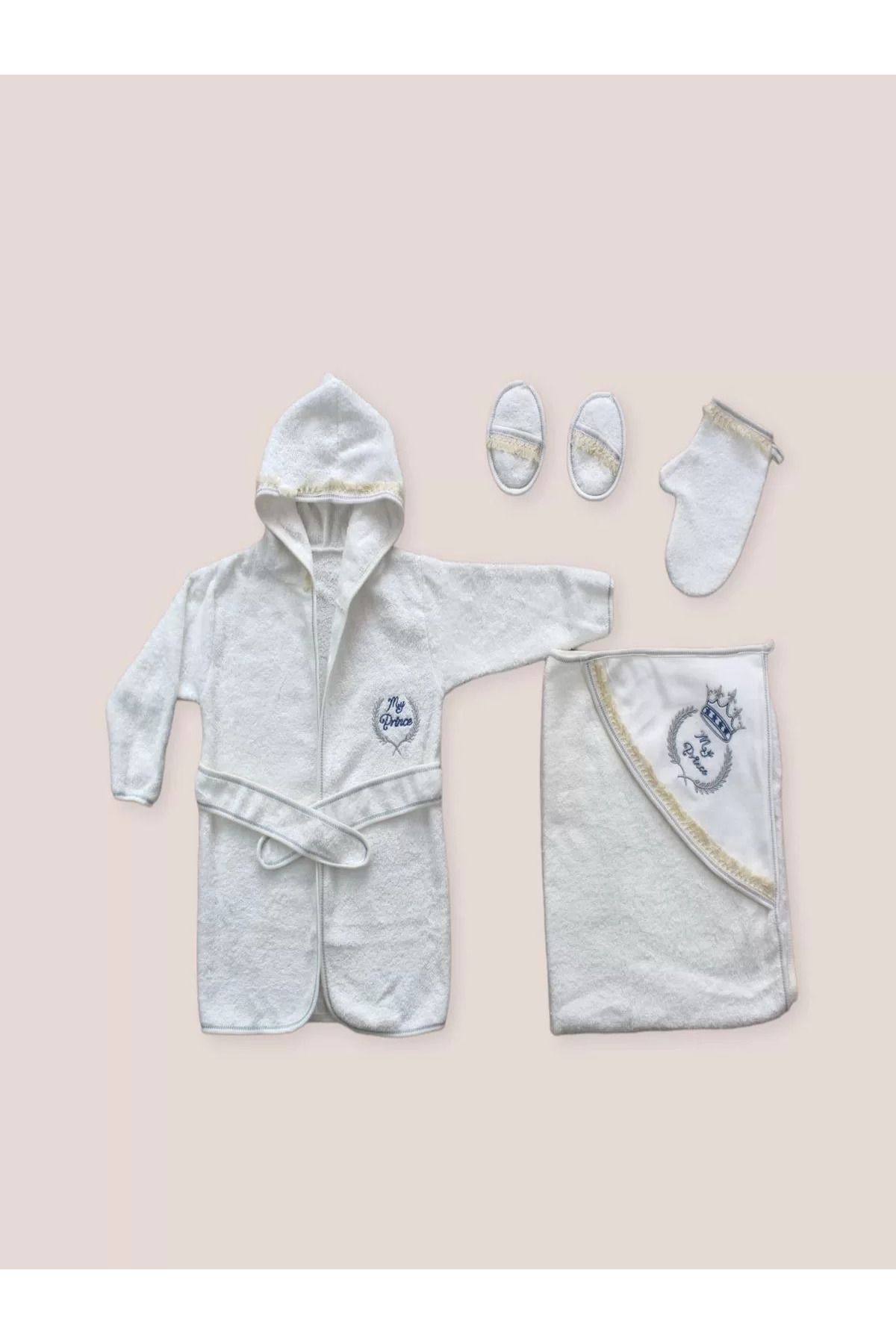 Shop58 0-6 Ay Kaplan Nakışlı Bornozlu 5li Erkek Bebek Havlu Silgi Takımı