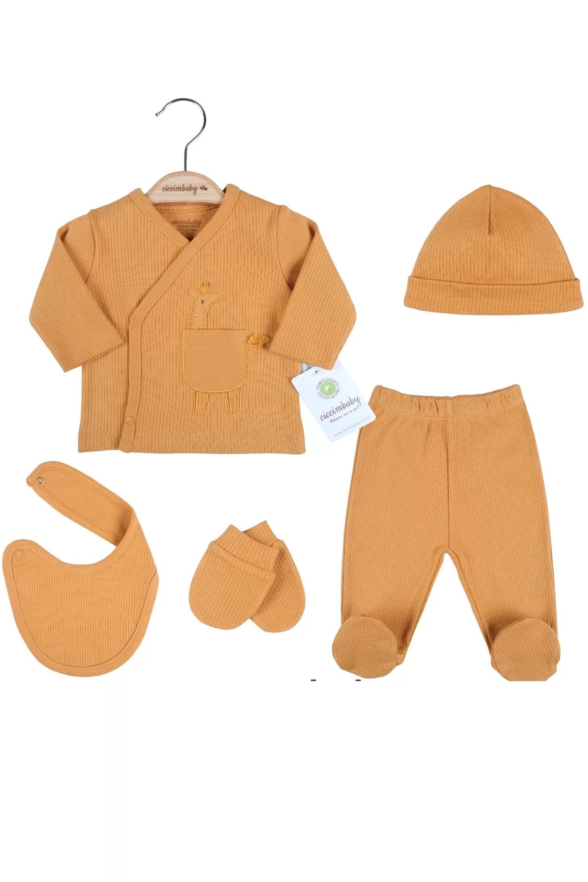 Shop58 Zürafa Nakışlı Çizgili 5'li % 100 Pamuk Hastane Çıkış Seti