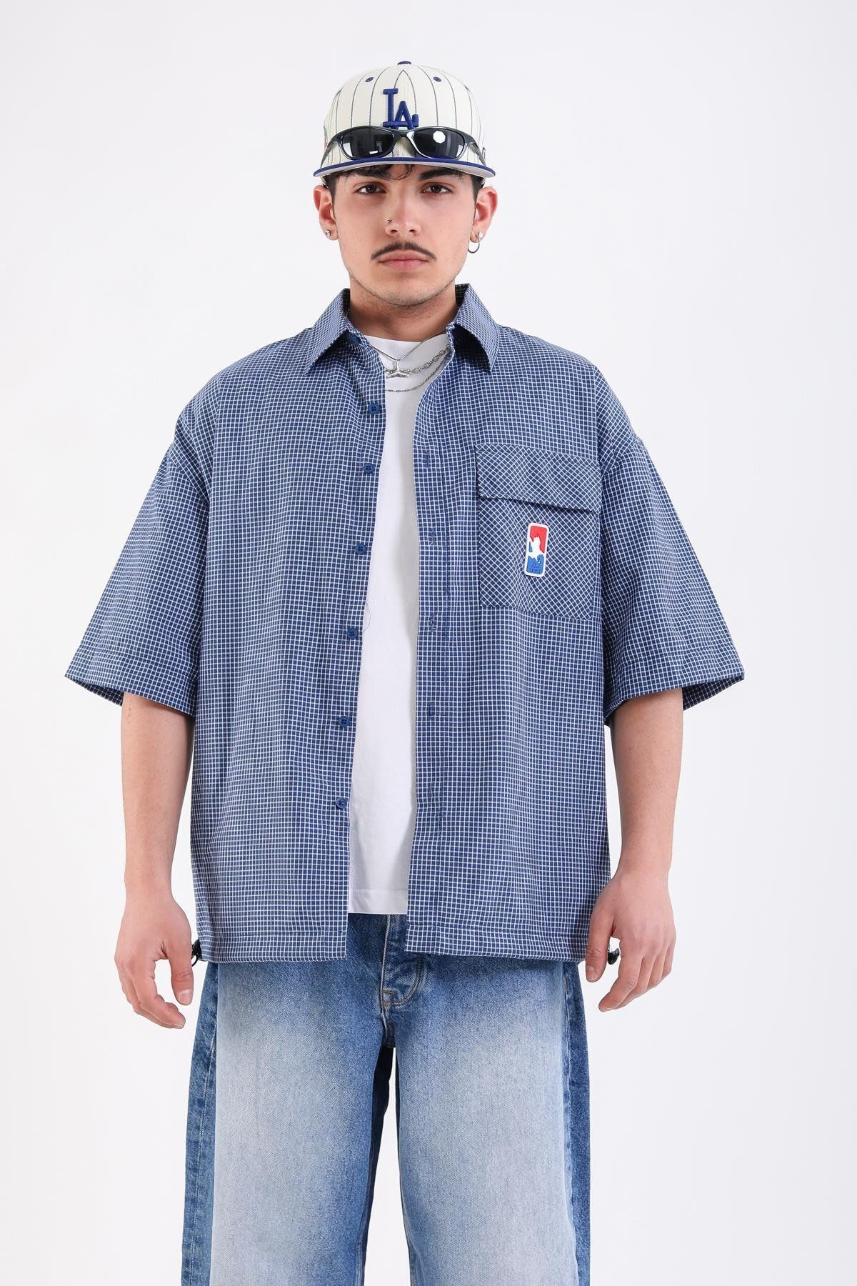 Jr.Crime Mavi Kareli Patch Detay Oversize Gömlek