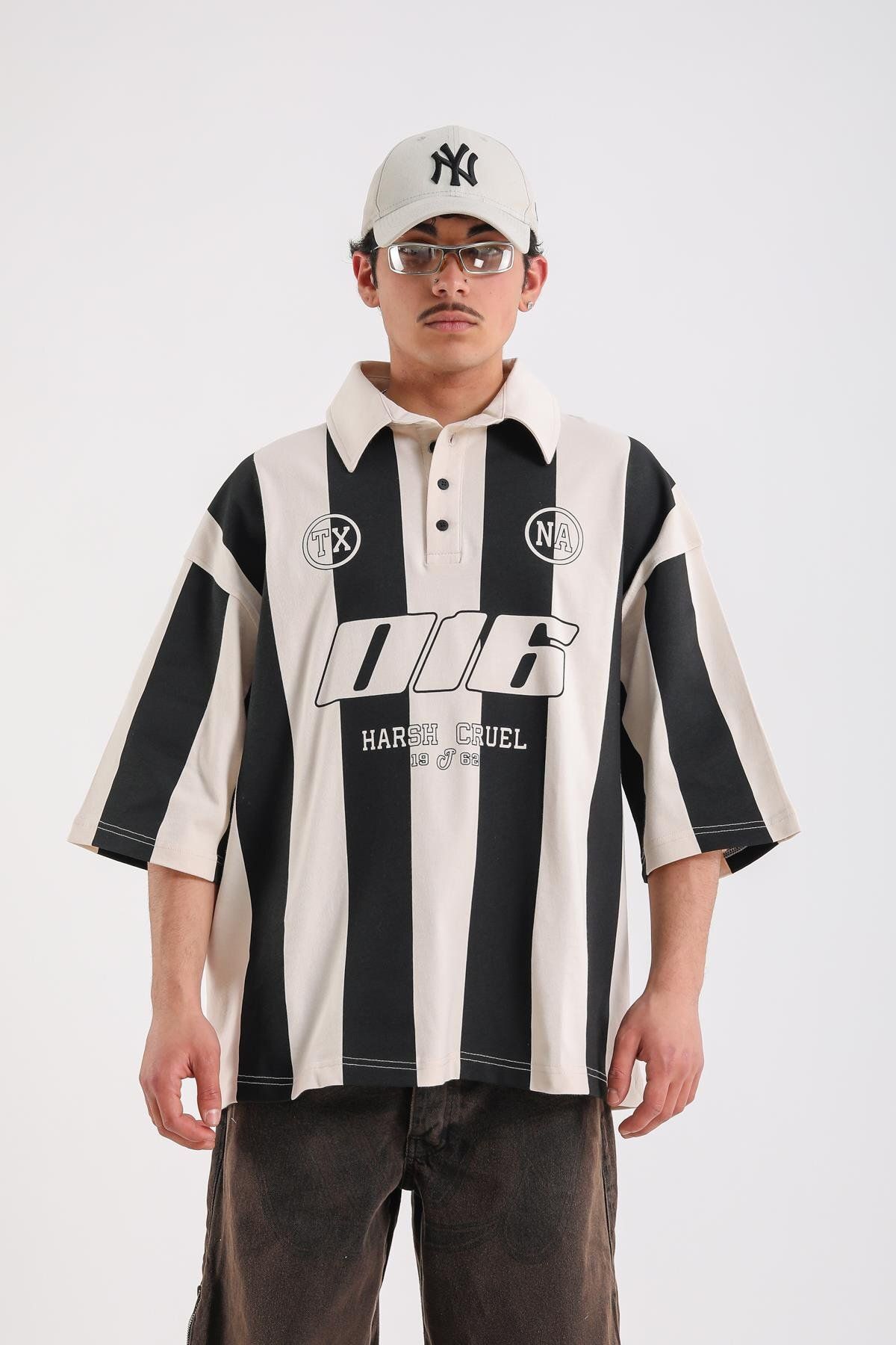 Jr.Crime Çizgili Polo Yaka Krem 016 Baskılı Oversize Tshirt