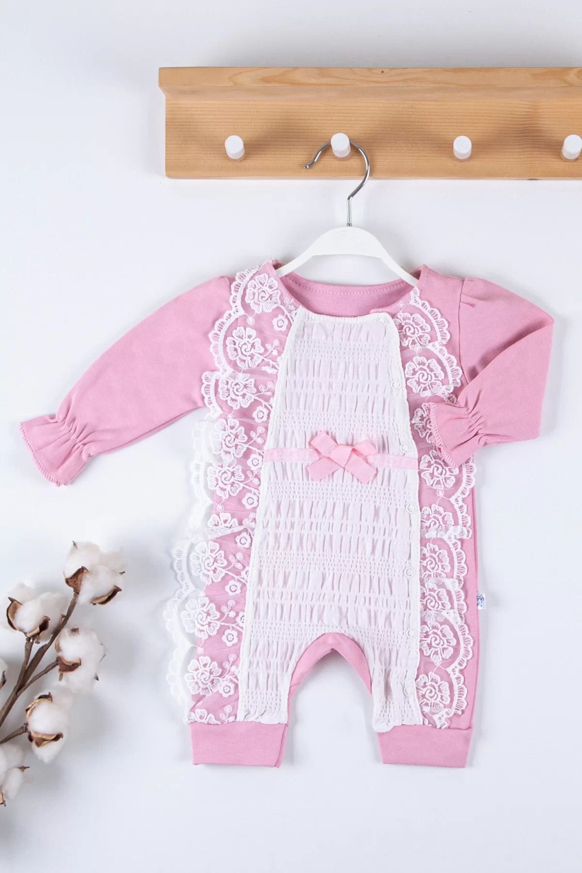 Shop58 Gofralı Fransız Güpürlü % 100 Pamuk Kız Bebek Tulumu