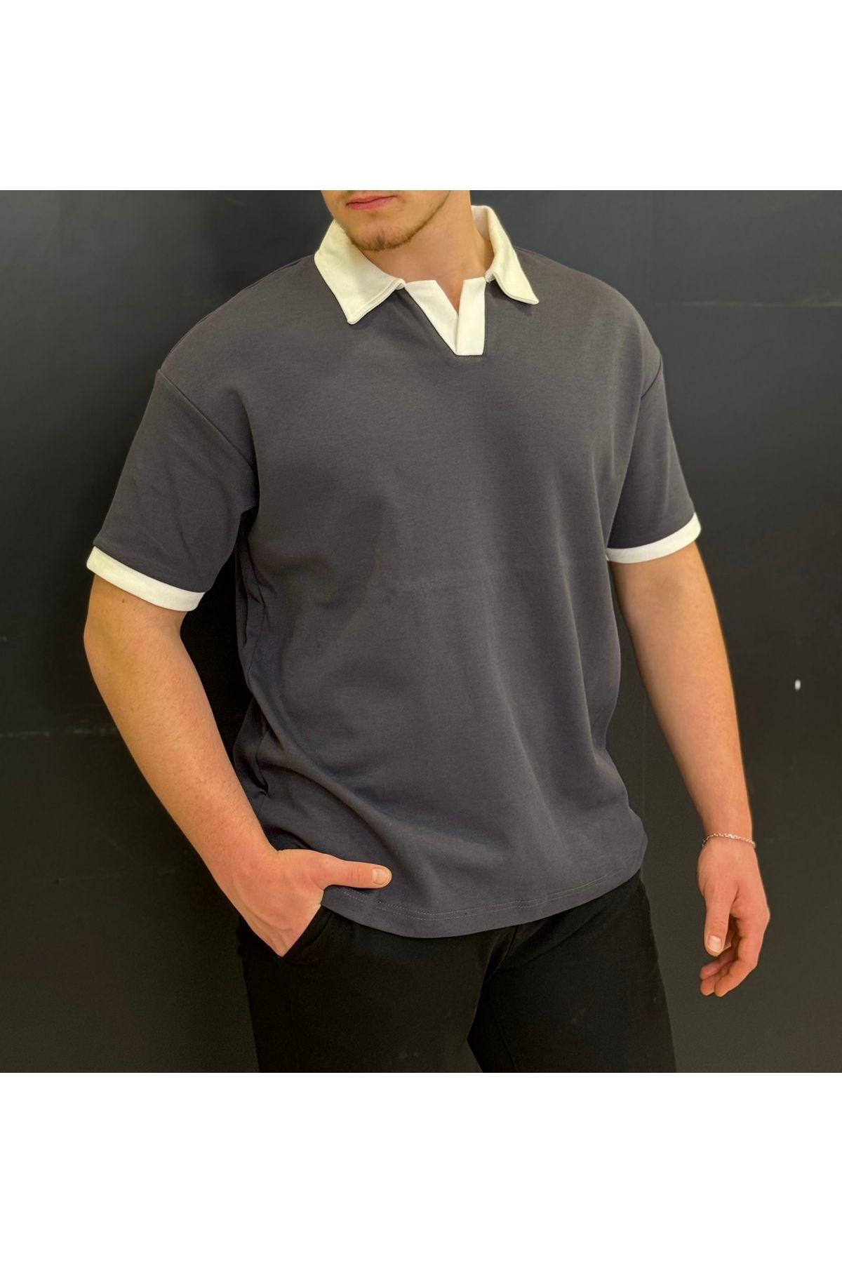 Alpha star Doubleface polo yaka granili oversize tişört düz