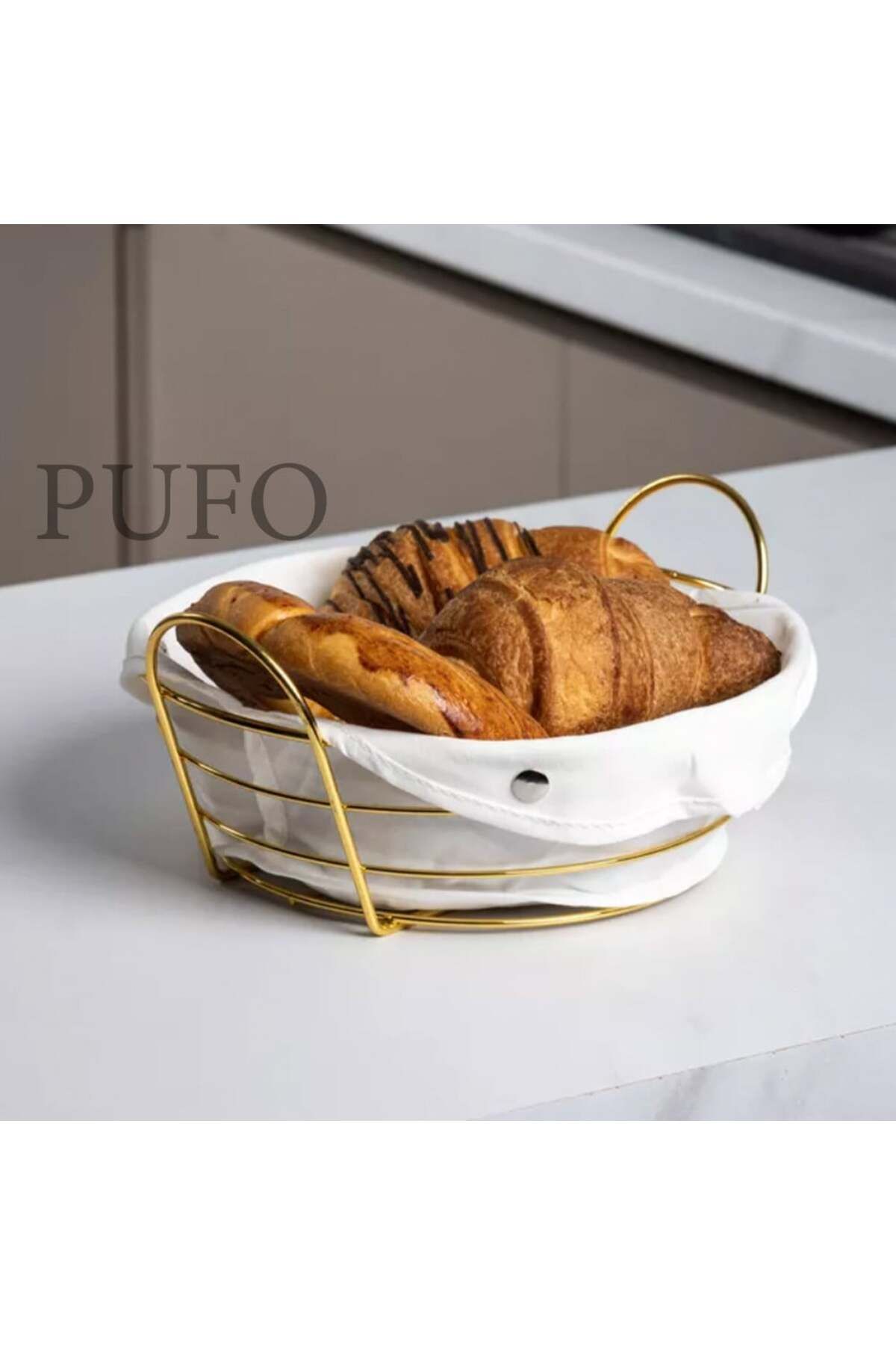 PUFO-Coș de bucătărie oval din metal pentru servirea pâinii, cu husă textilă detașabilă, 27 x 20 cm, auriu 7