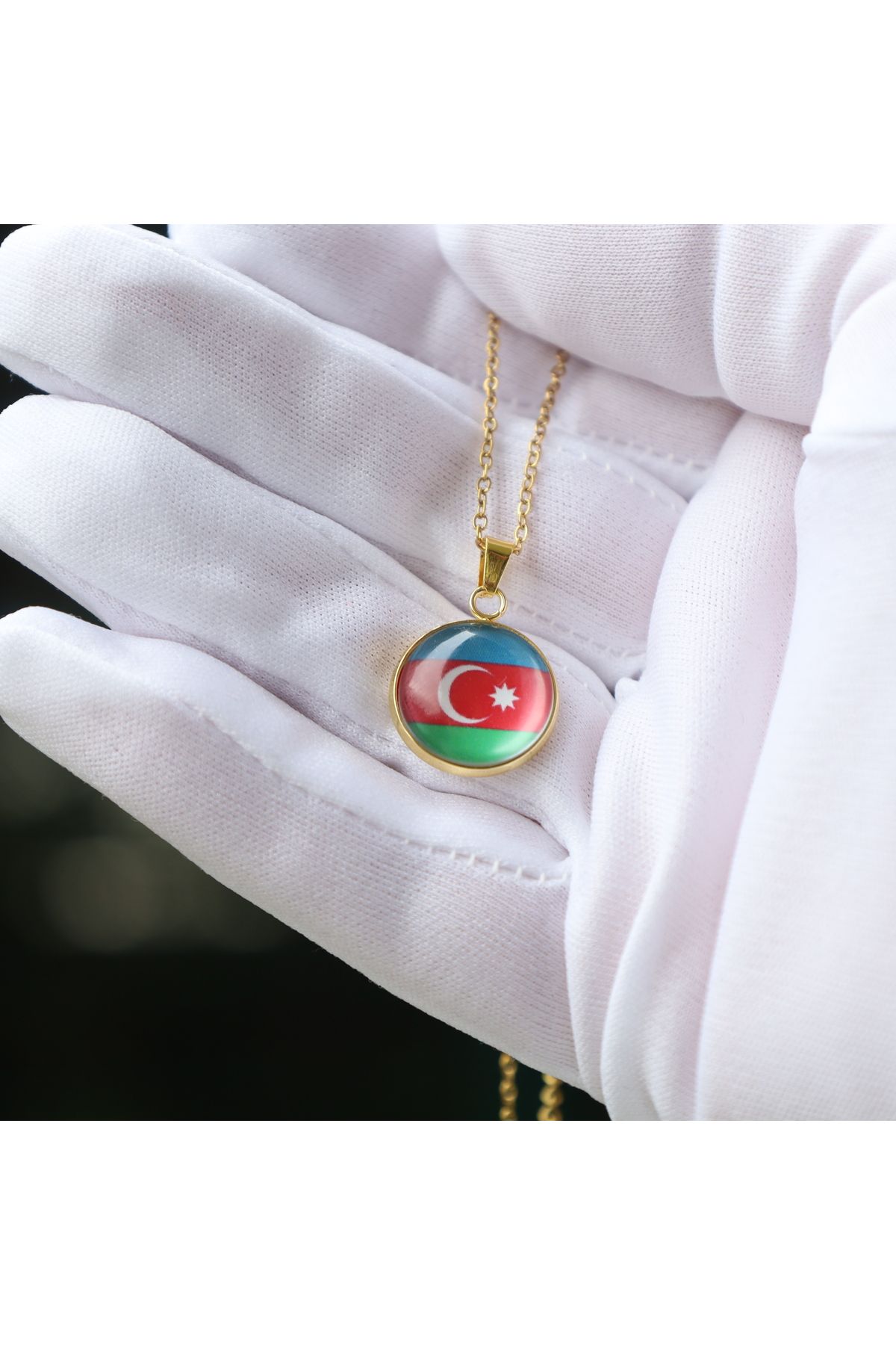 666 Azerbaycan Azerbaijan Ülke Bayrağı 14 Ayar Altın Kaplama Paslanmaz Çelik Mini Kolye İnce Zincir