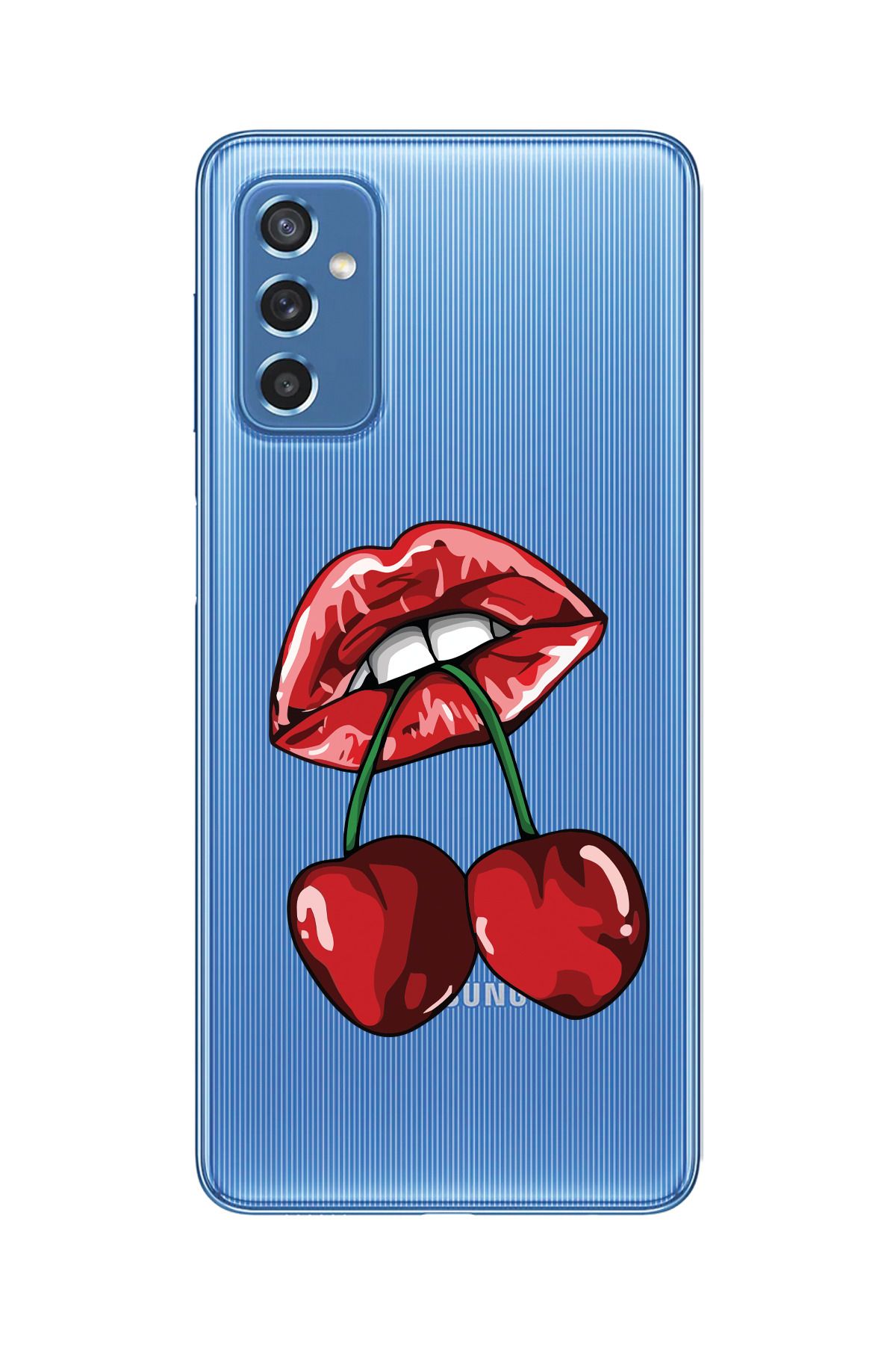moonset Samsung Galaxy M52 Uyumlu Dudak ve Kiraz Tasarımlı Baskılı Şeffaf Telefon Kılıfı