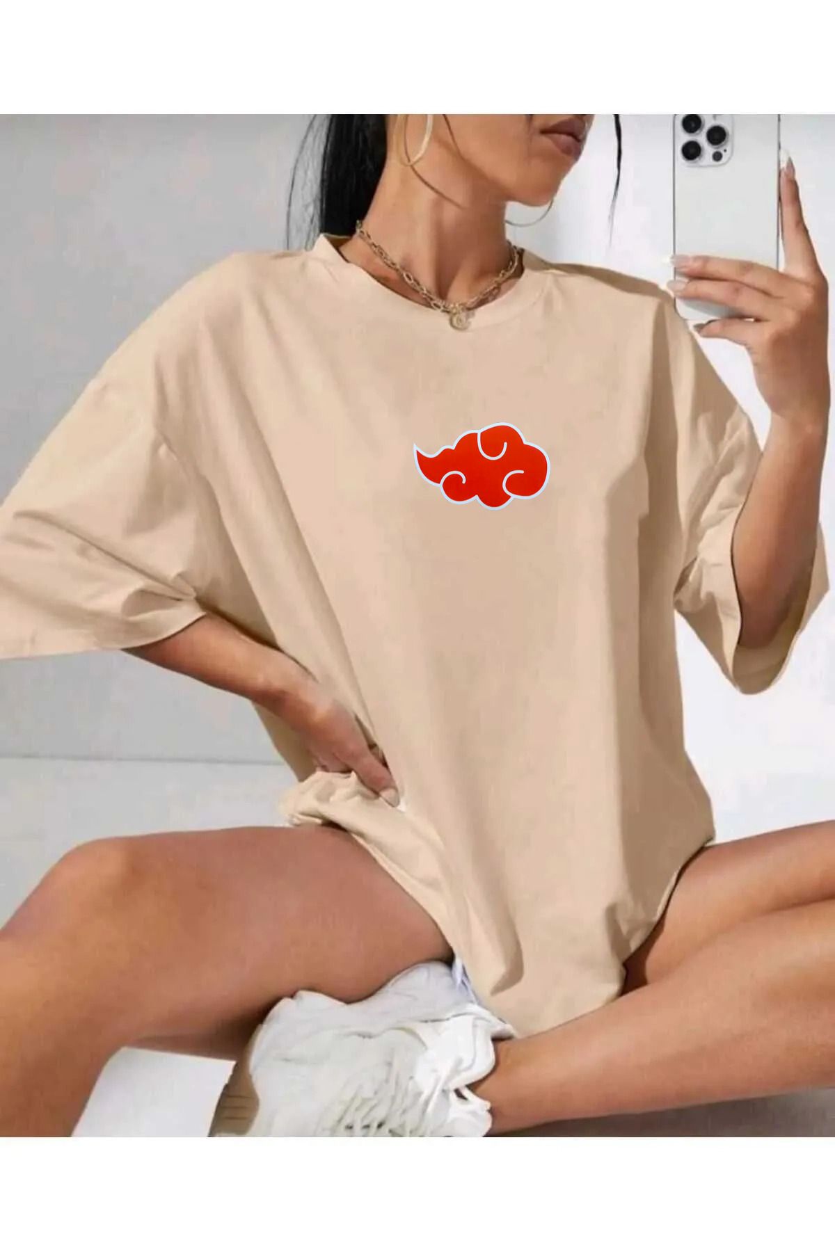 qavnas Unisex Ninja Akatsuki Anime Baskılı Rahat Kesim Bej T-Shirt
