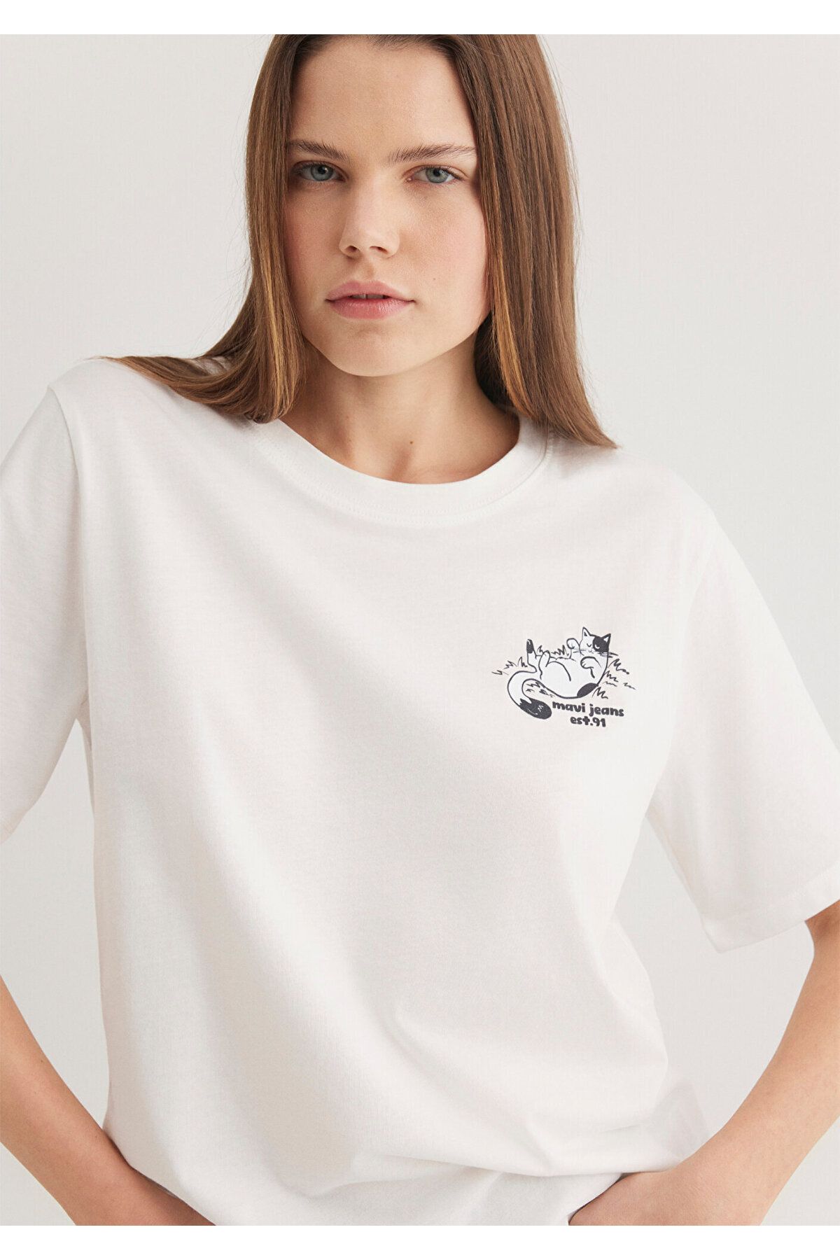 JANSO GROUP Kedi Baskılı Ekru Tişört Regular Fit / Normal Kesim 1612980-70057