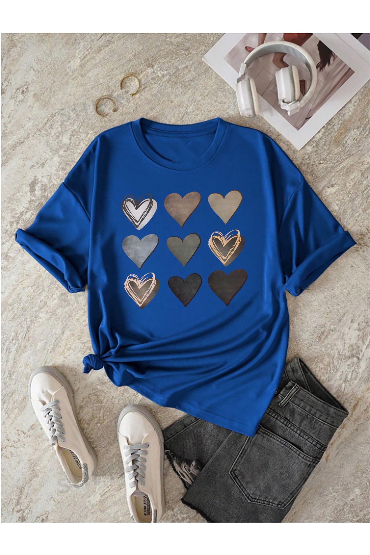 qavnas Unisex Kalpler Baskılı Rahat Kesim Sax-Mavi T-Shirt