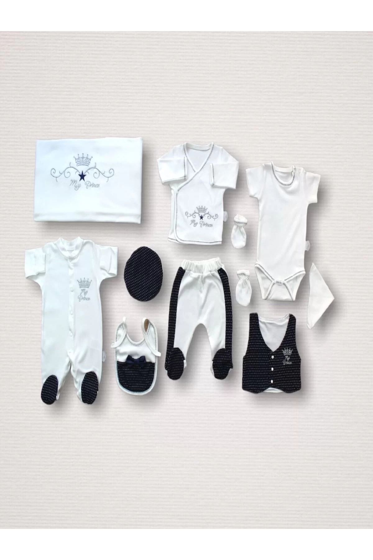 Shop58 Süper Prens Nakışlı %100 Cotton Antibakteriyel 10lu Zıbın Takımı Hastane Çıkışı
