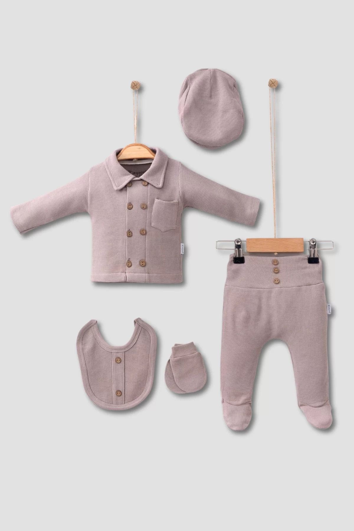Shop58 Cepli Waffle % 100 Pamuk 5'li Erkek Bebek Hastane Çıkış Seti