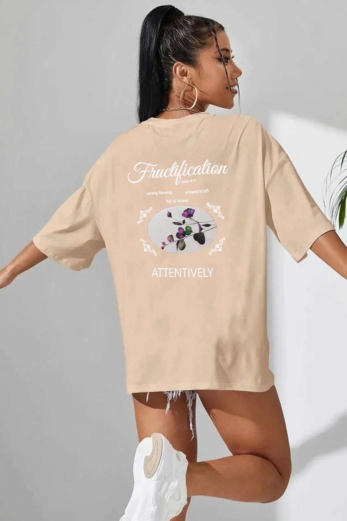 qavnas Unisex Fructification Baskılı Rahat Kesim Bej T-Shirt